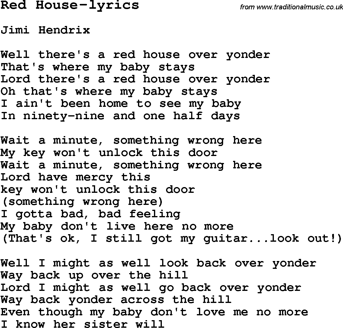 Blues Guitar for Red House-lyrics, with Chords, Lyrics