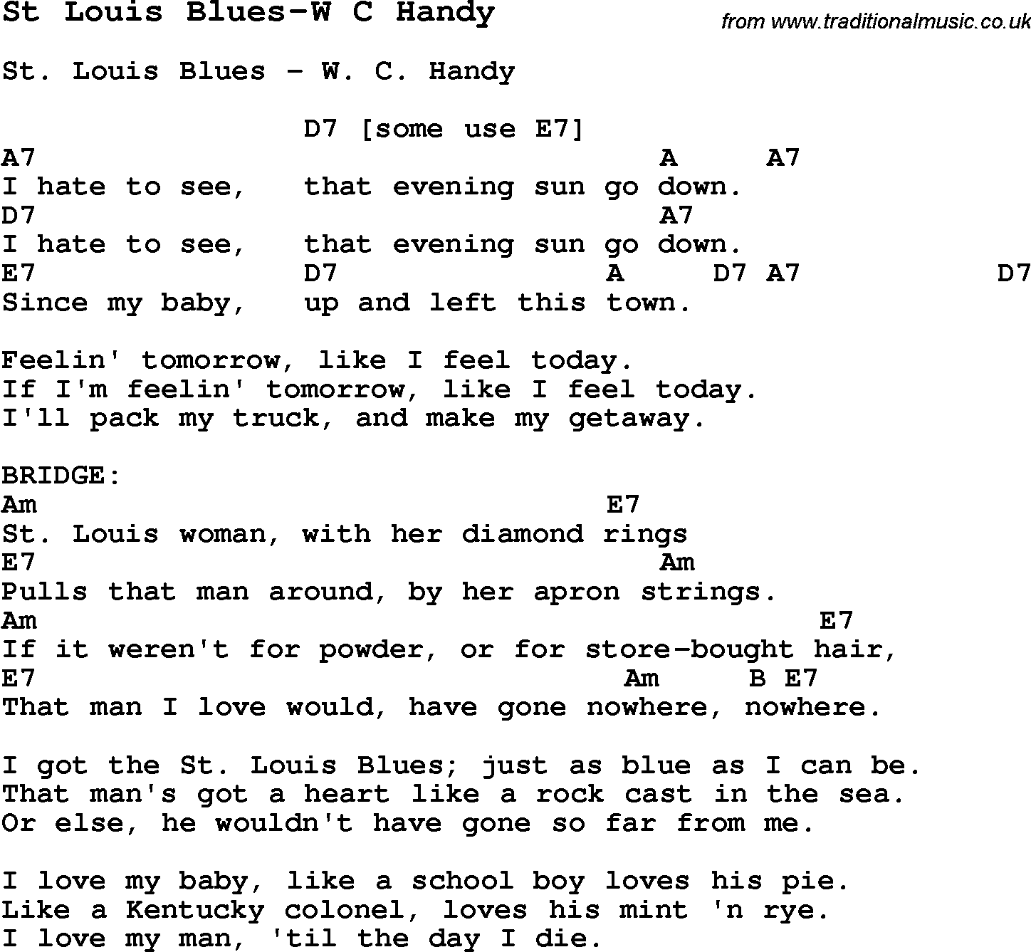 Blues Guitar Song, lyrics, chords, tablature, playing hints for St Louis Blues-W C Handy
