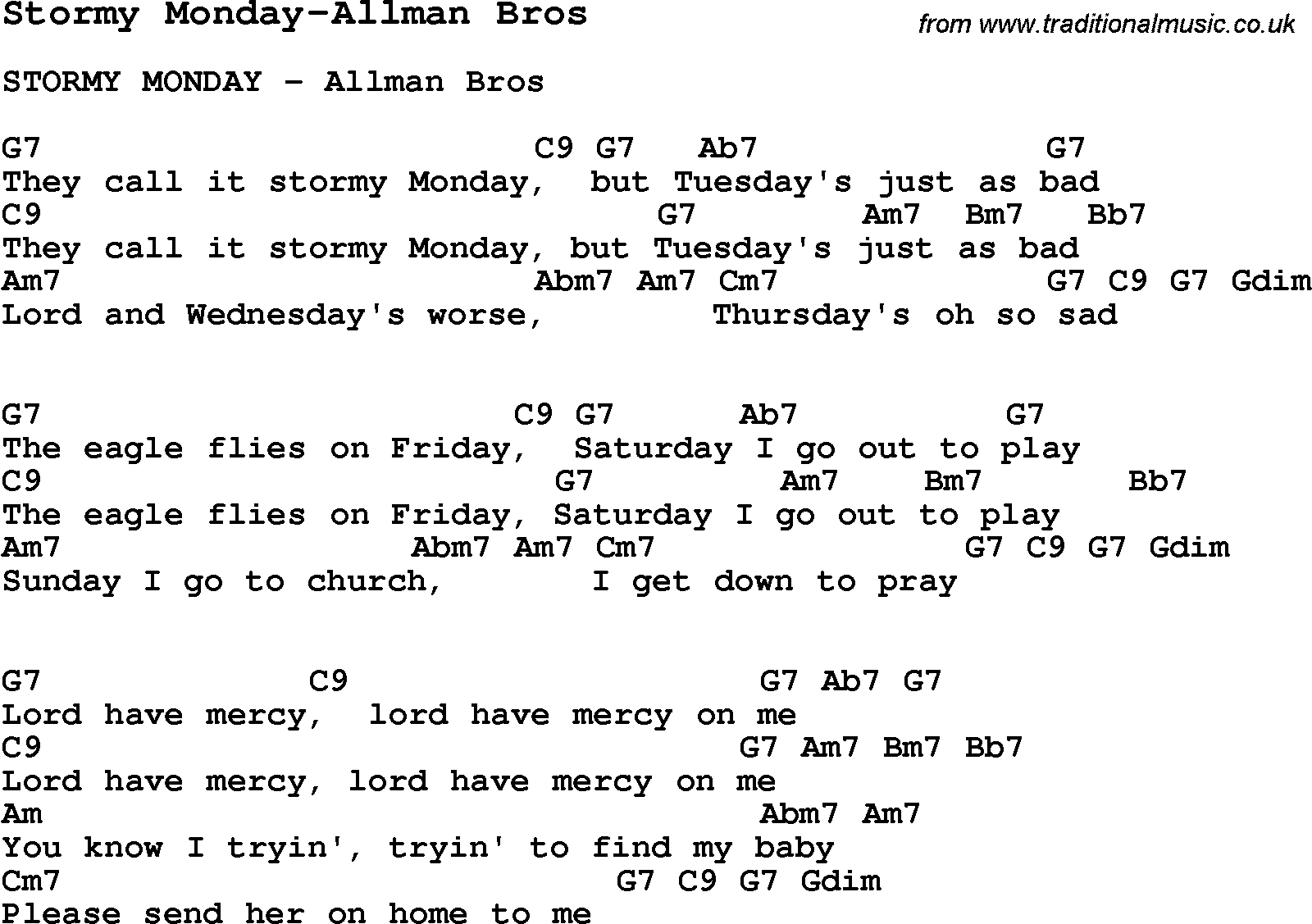 Blues Guitar Song, lyrics, chords, tablature, playing hints for Stormy Monday-Allman Bros