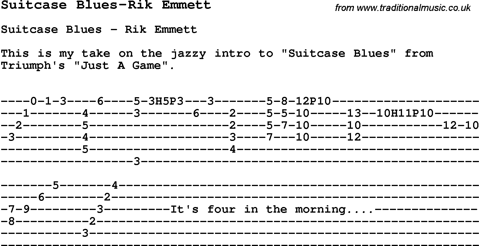 Blues Guitar Song, lyrics, chords, tablature, playing hints for Suitcase Blues-Rik Emmett