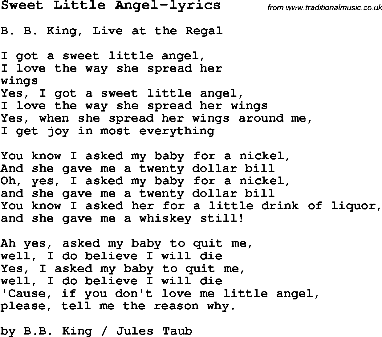 Blues Guitar Song, lyrics, chords, tablature, playing hints for Sweet Little Angel-lyrics