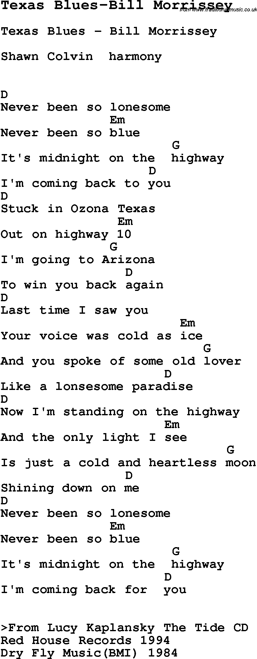 Blues Guitar Song, lyrics, chords, tablature, playing hints for Texas Blues-Bill Morrissey