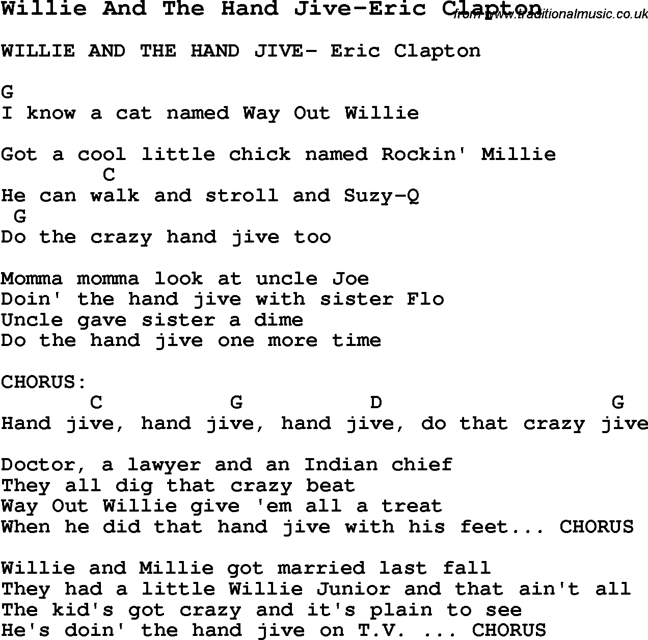 Blues Guitar Song, lyrics, chords, tablature, playing hints for Willie And The Hand Jive-Eric Clapton
