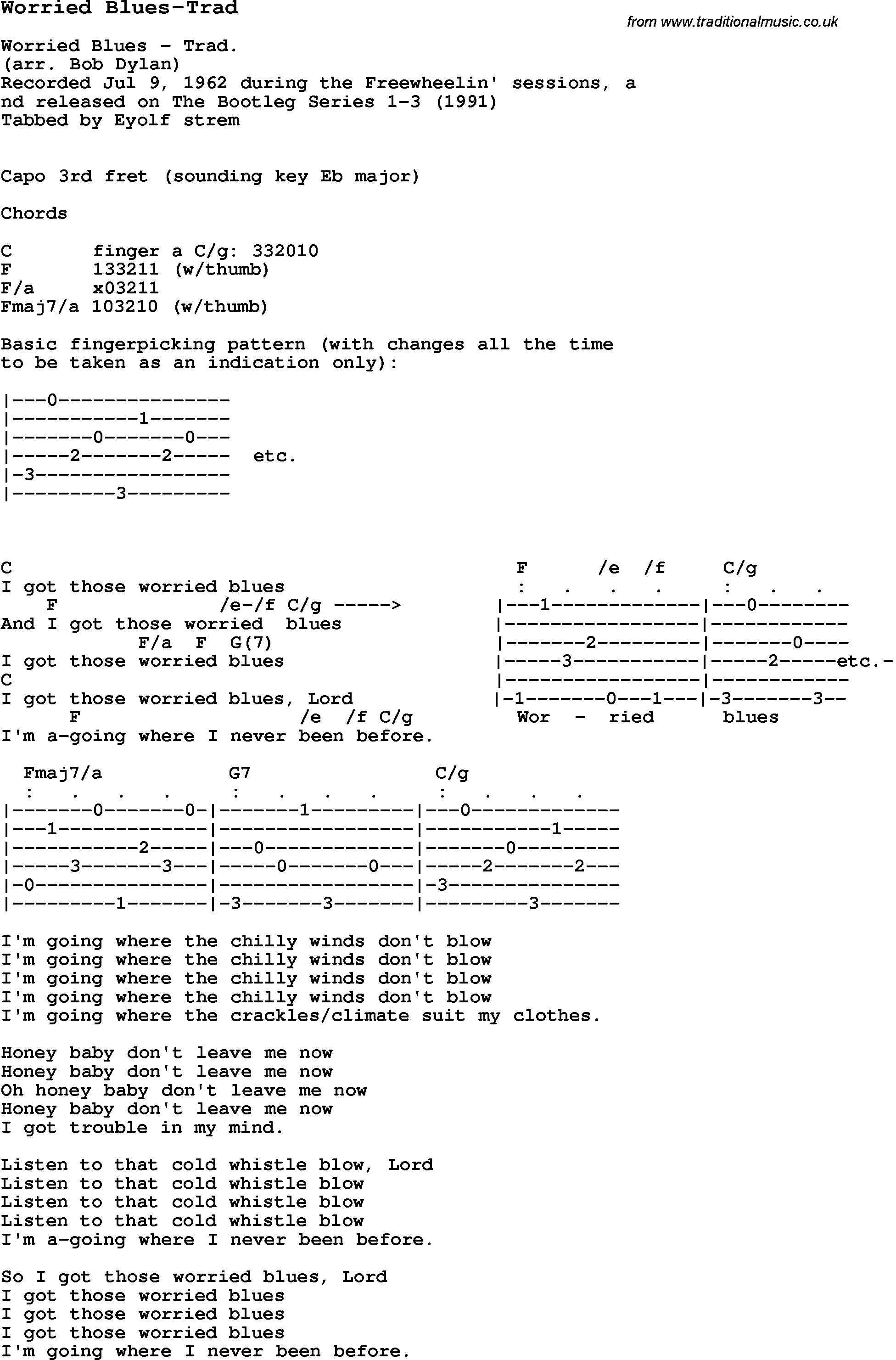 Blues Guitar Song, lyrics, chords, tablature, playing hints for Worried Blues-Trad