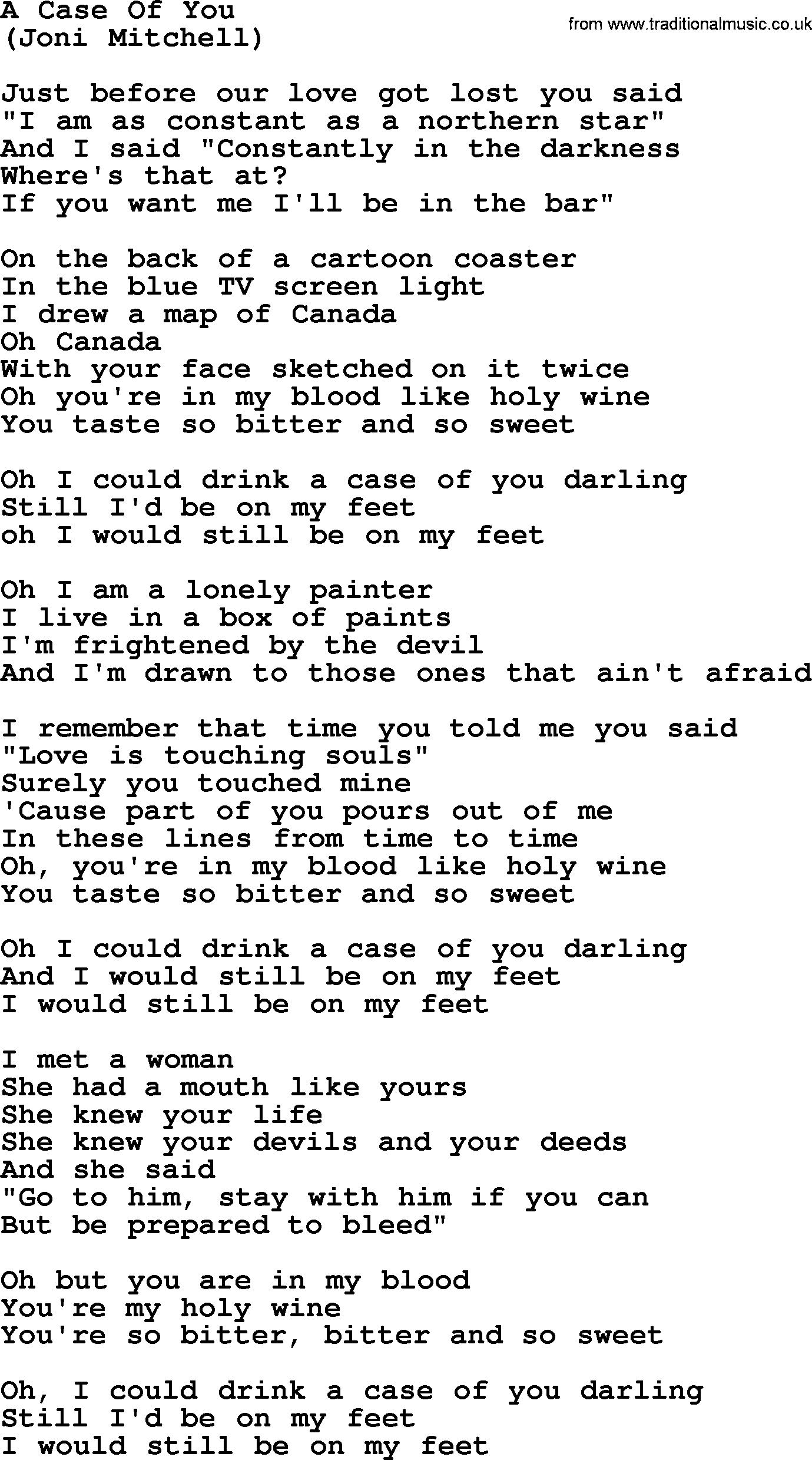 The Byrds song A Case Of You, lyrics