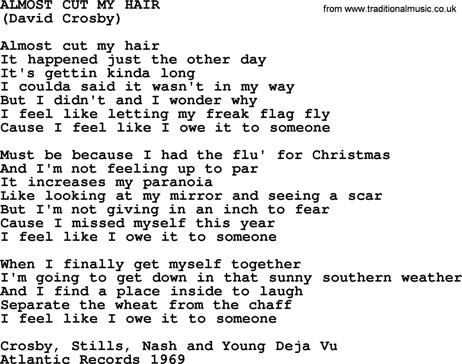 Almost Cut My Hair, by The Byrds - lyrics with pdf