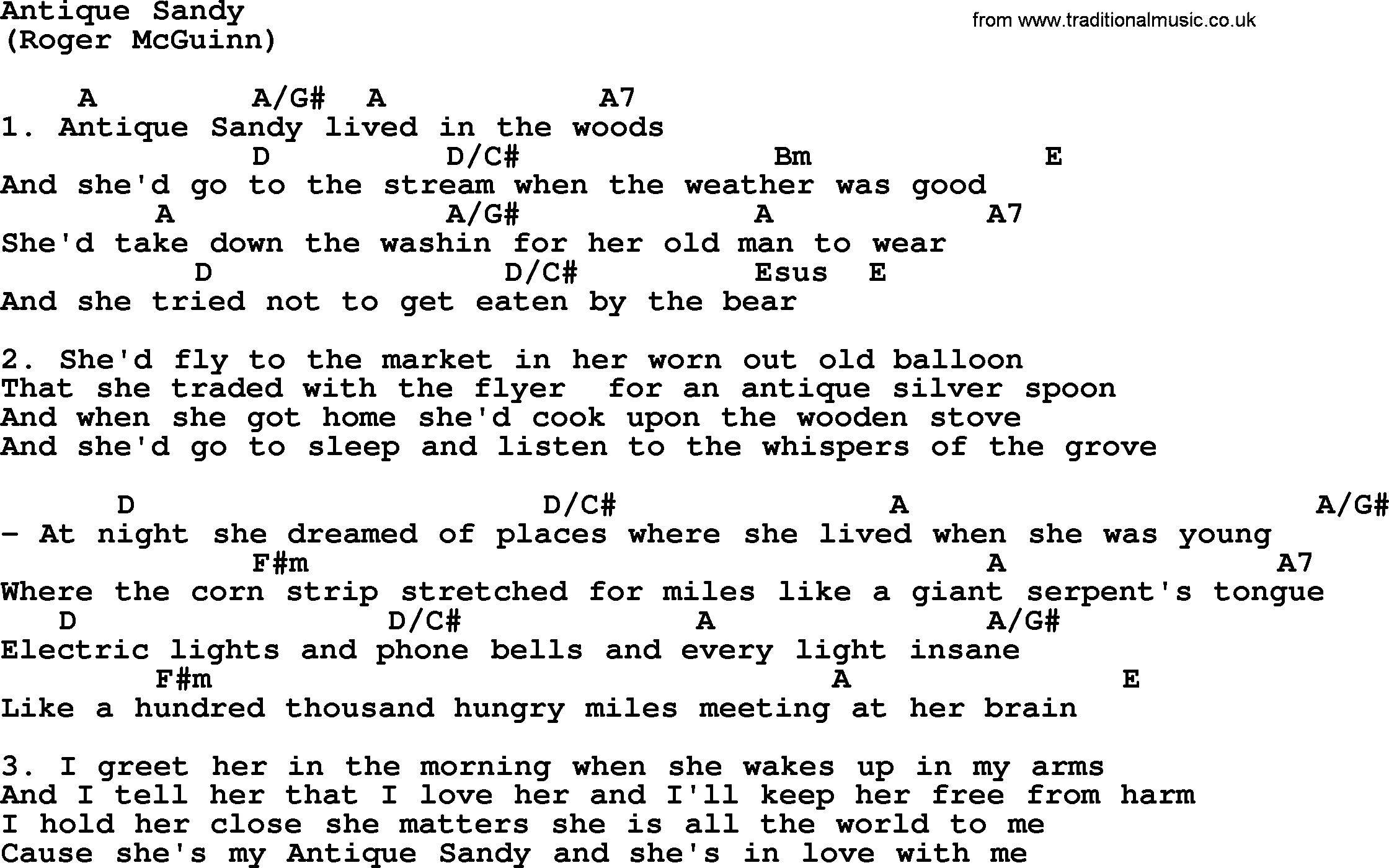 The Byrds song Antique Sandy, lyrics and chords