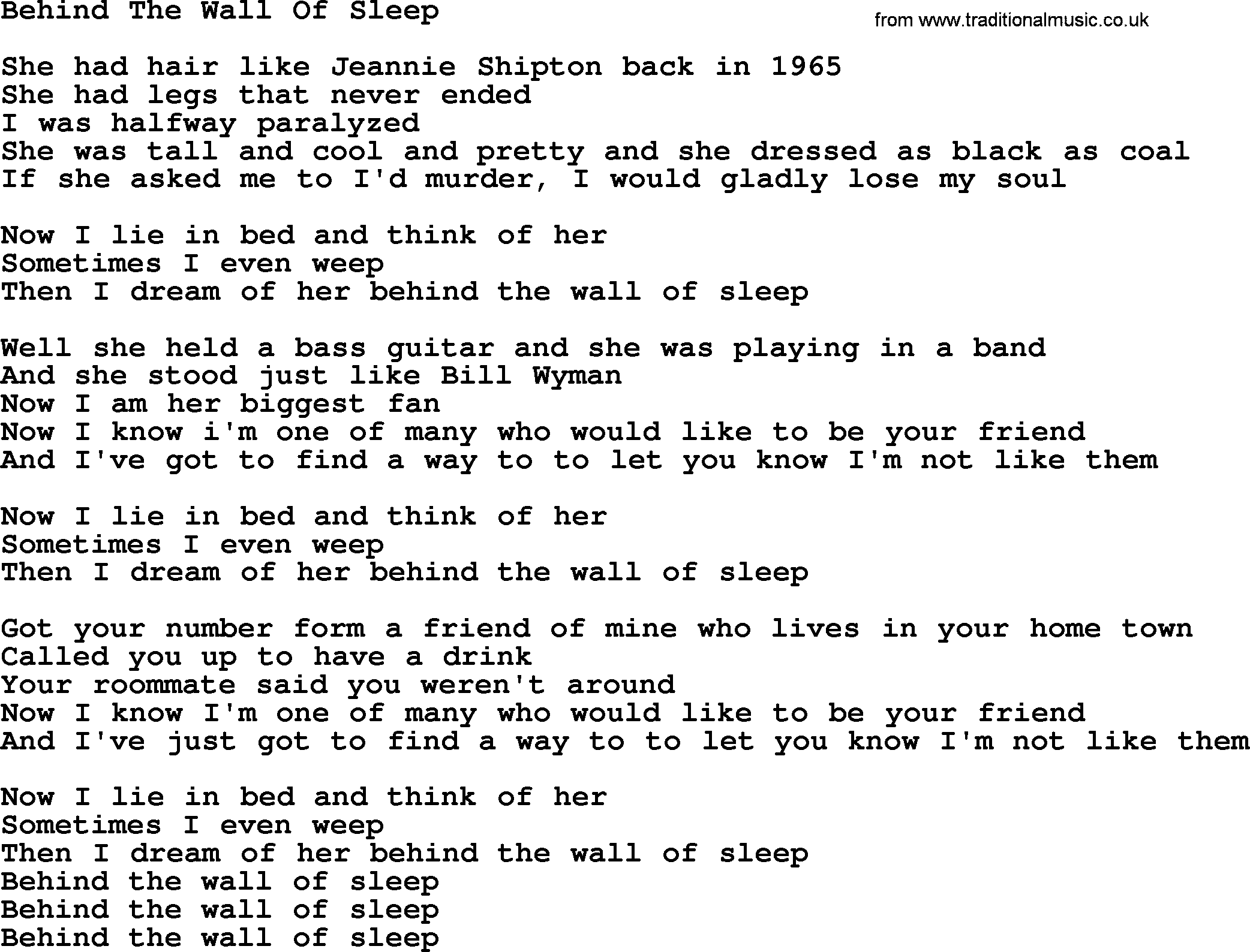 The Byrds song Behind The Wall Of Sleep, lyrics