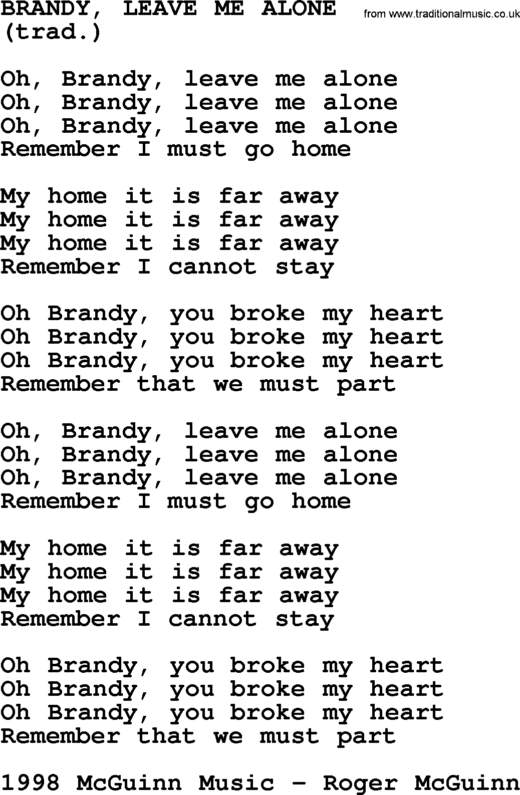 The Byrds song Brandy, Leave Me Alone, lyrics
