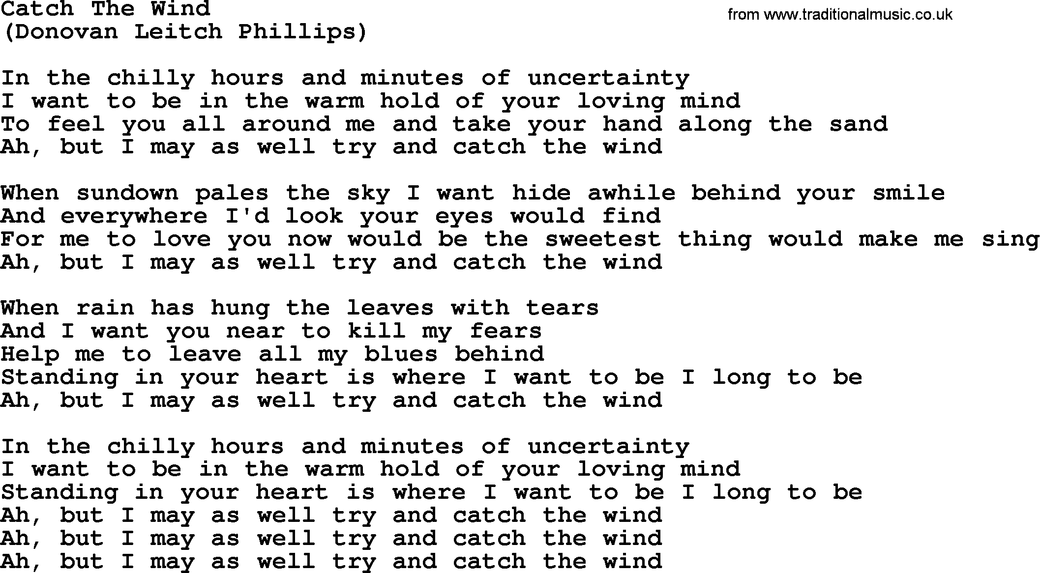 The Byrds song Catch The Wind, lyrics