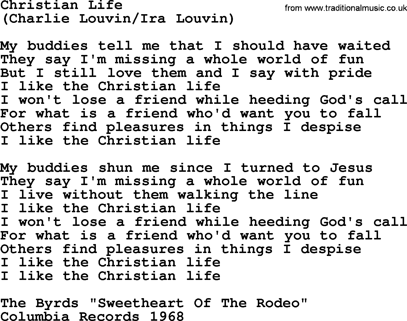The Byrds song Christian Life, lyrics