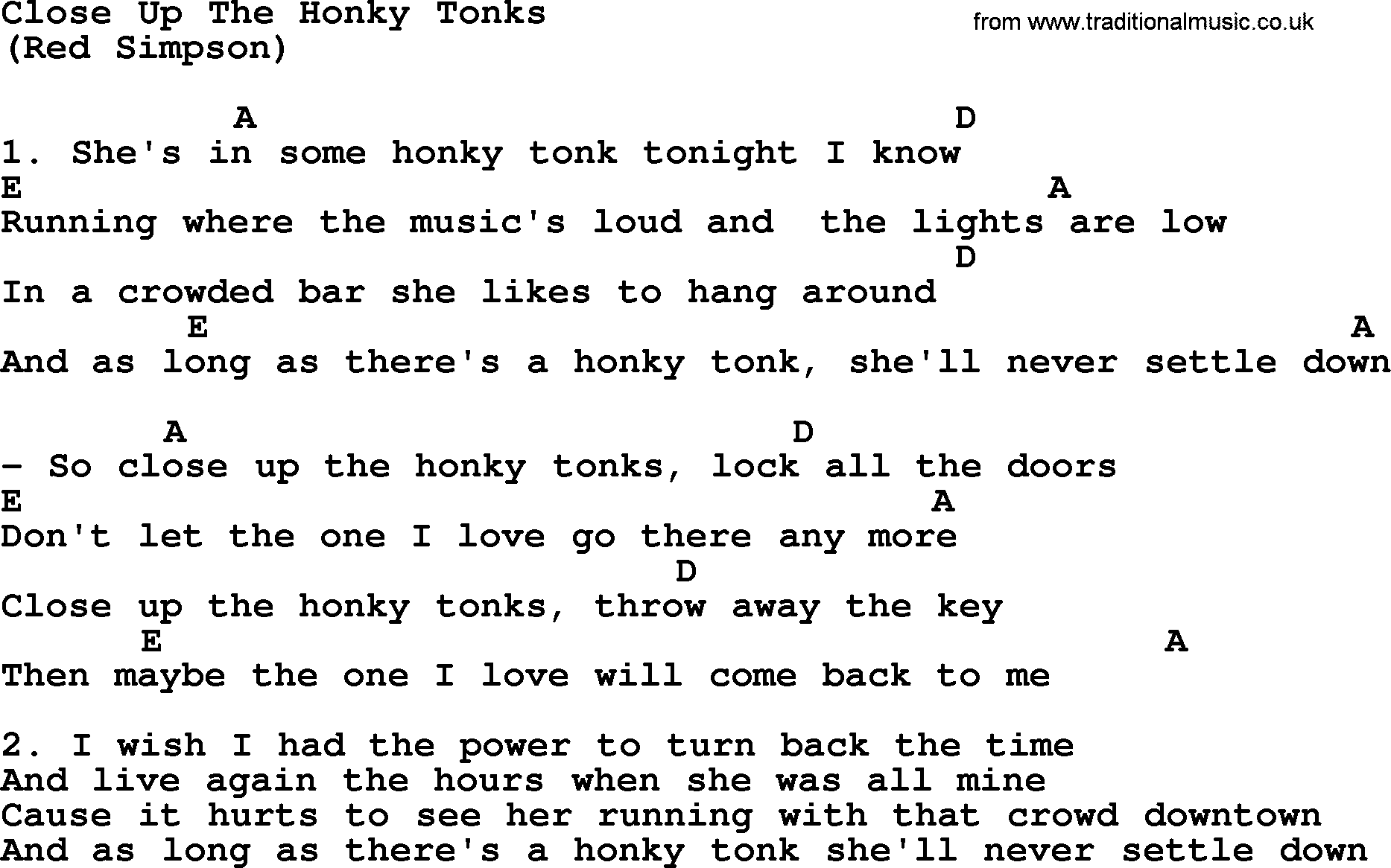 The Byrds song Close Up The Honky Tonks, lyrics and chords