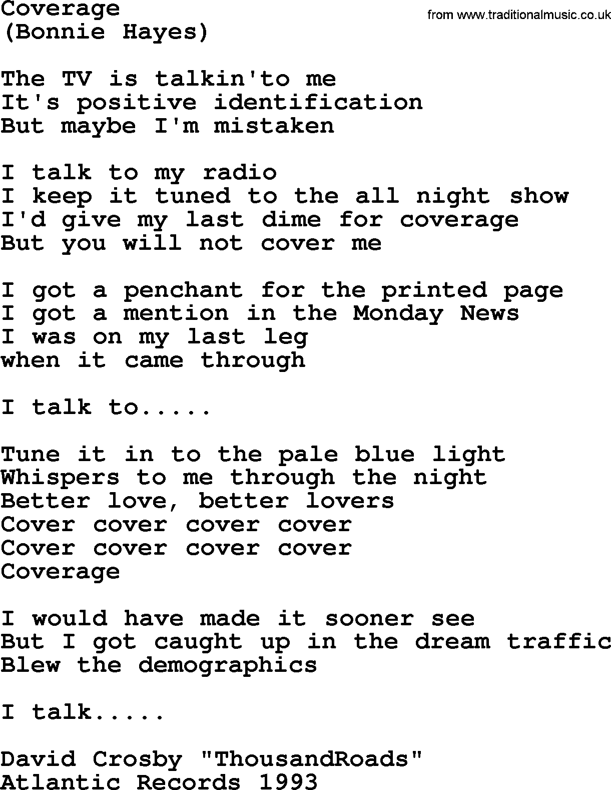 The Byrds song Coverage, lyrics
