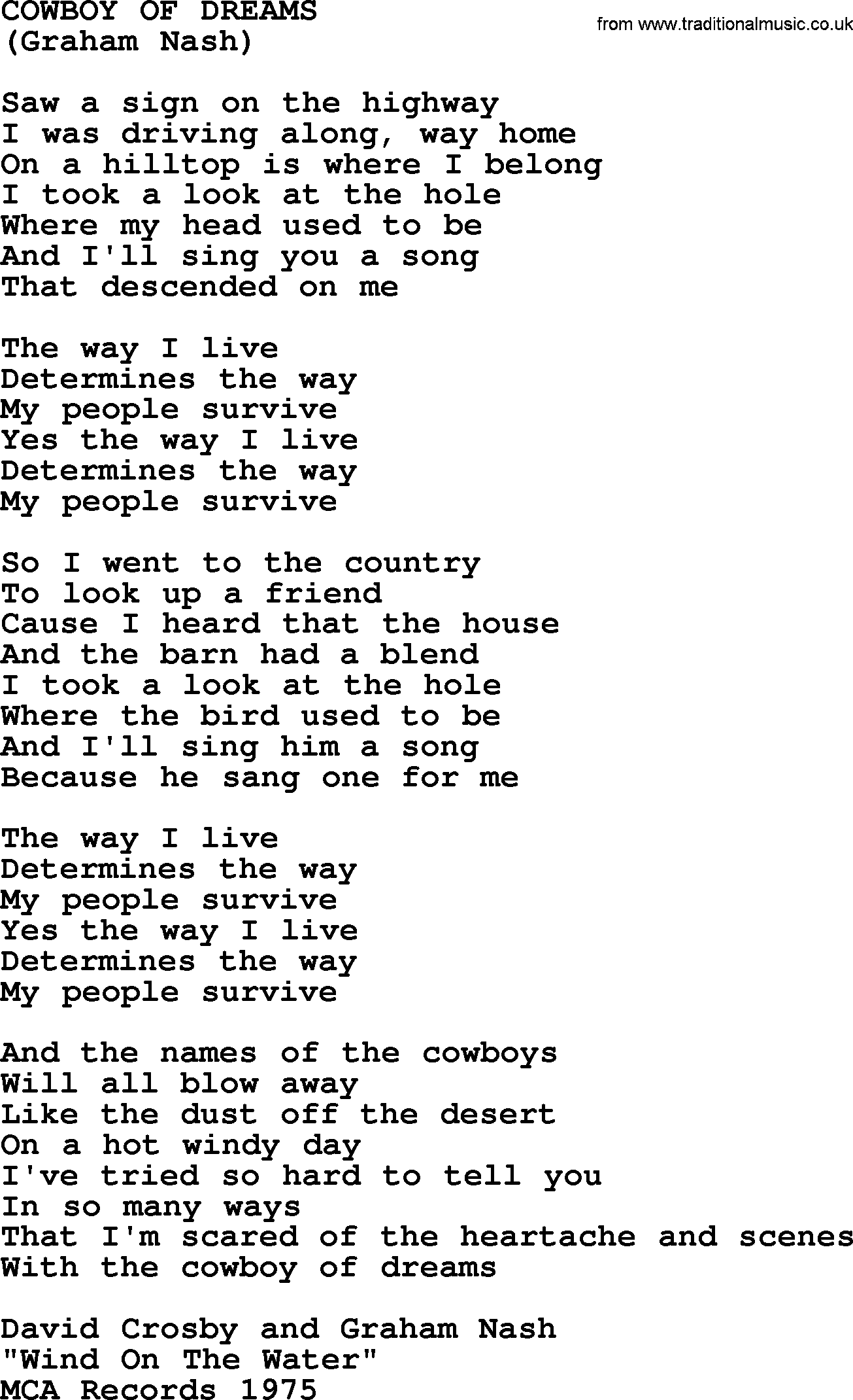 The Byrds song Cowboy Of Dreams, lyrics