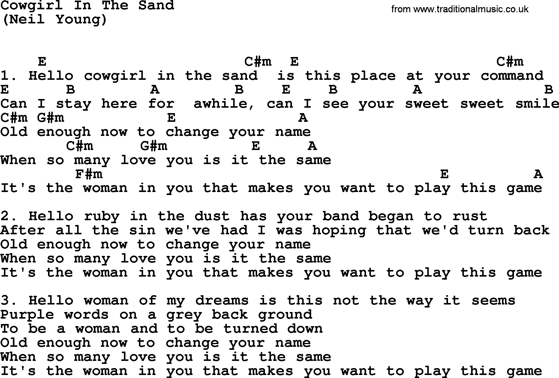 The Byrds song Cowgirl In The Sand, lyrics and chords