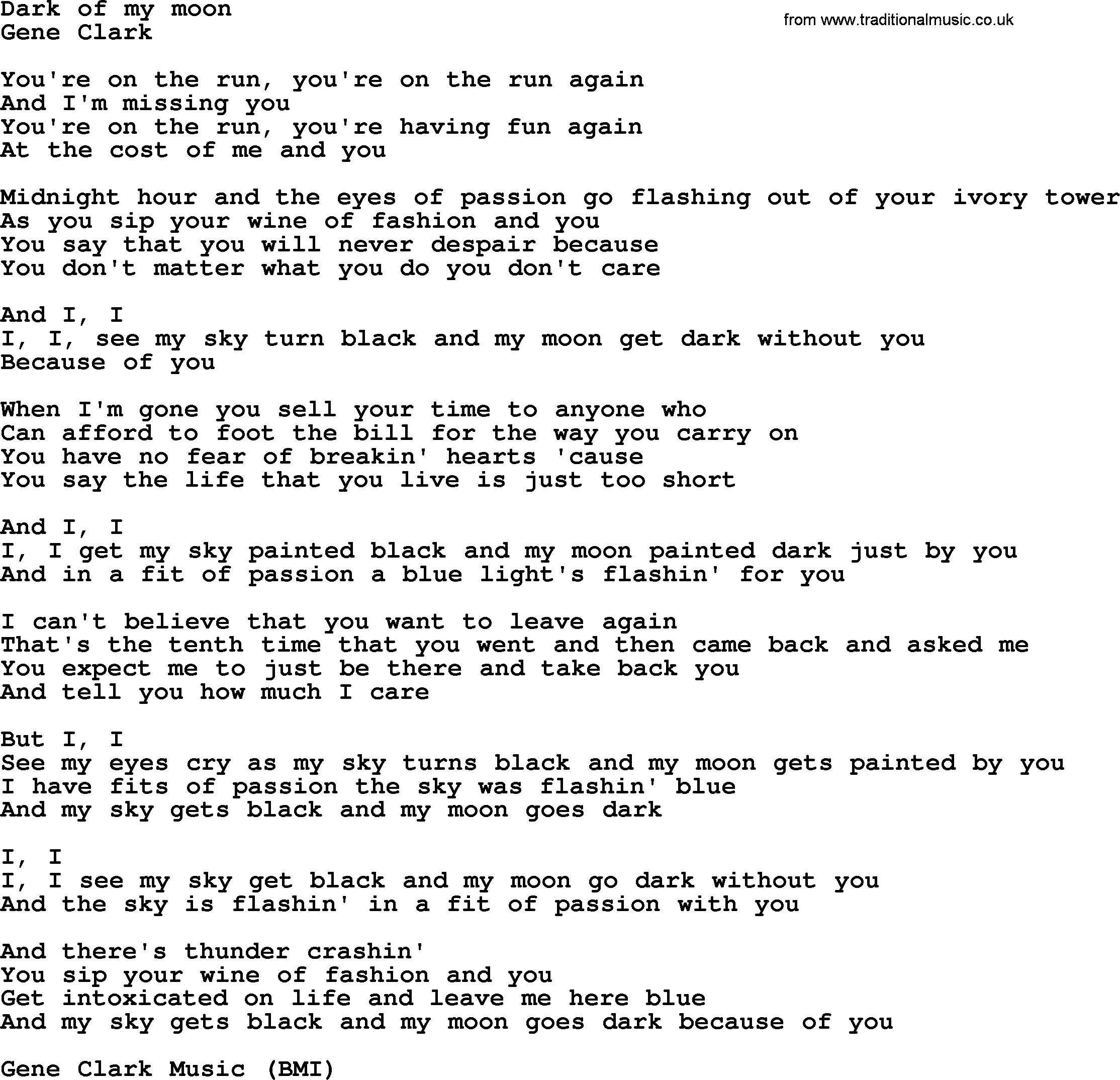 The Byrds song Dark Of My Moon, lyrics