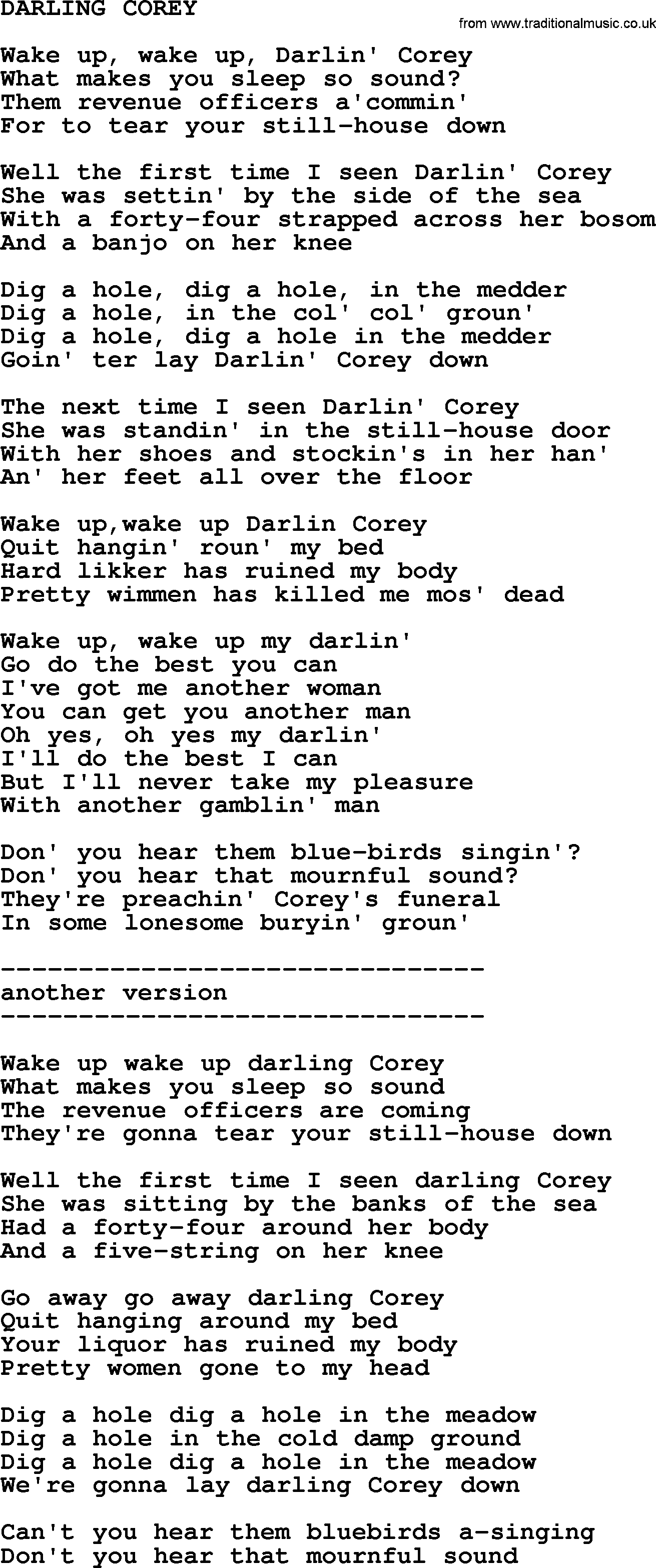 The Byrds song Darling Corey, lyrics