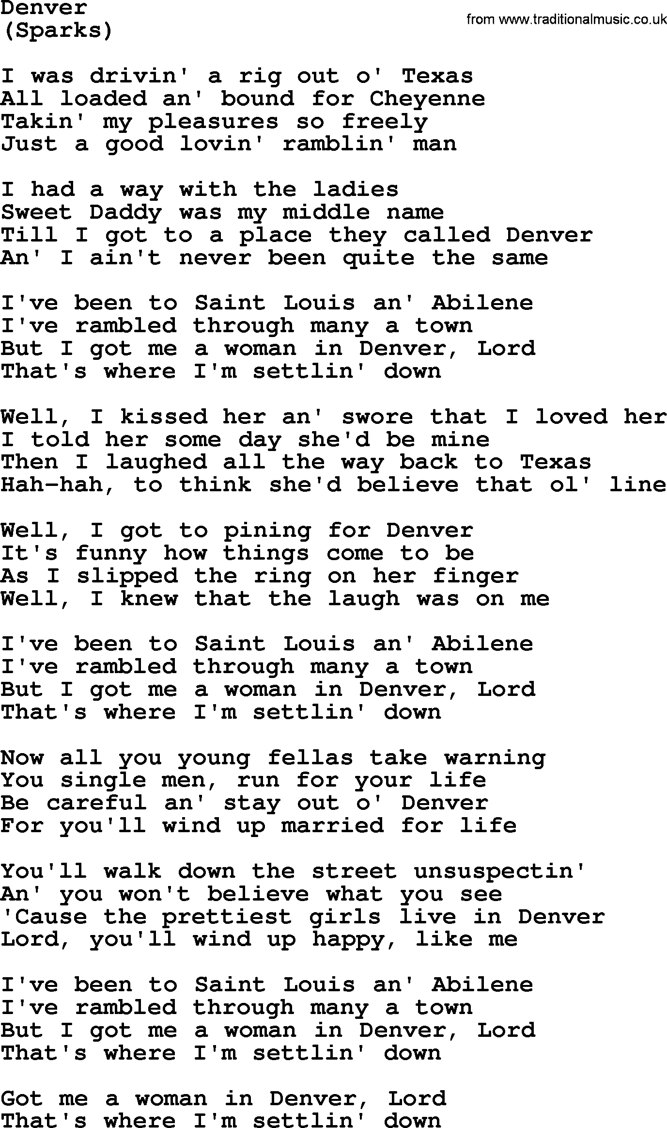 The Byrds song Denver, lyrics