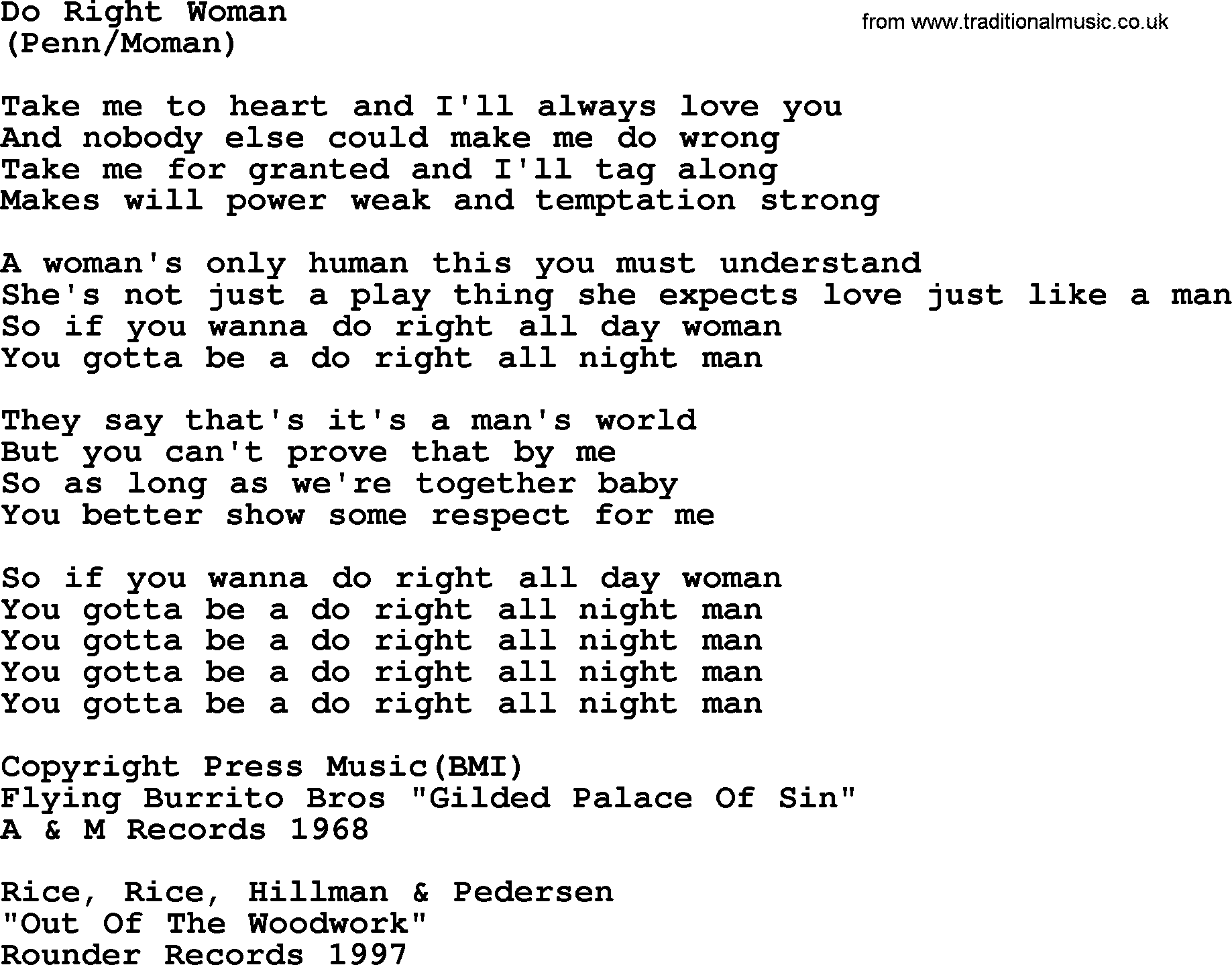 The Byrds song Do Right Woman, lyrics