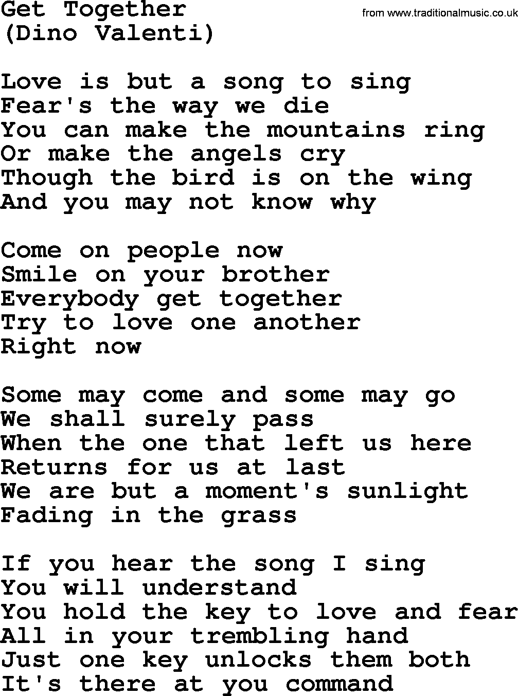The Byrds song Get Together, lyrics