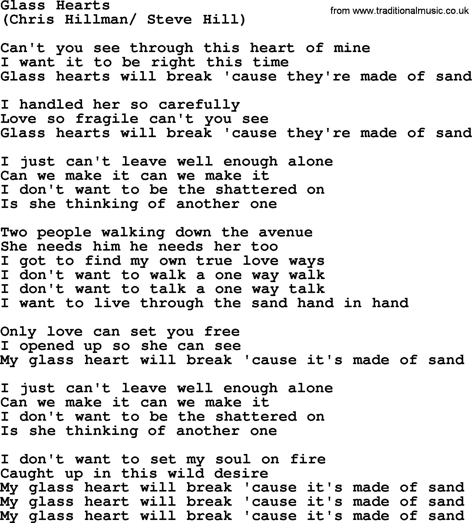 The Byrds song Glass Hearts, lyrics
