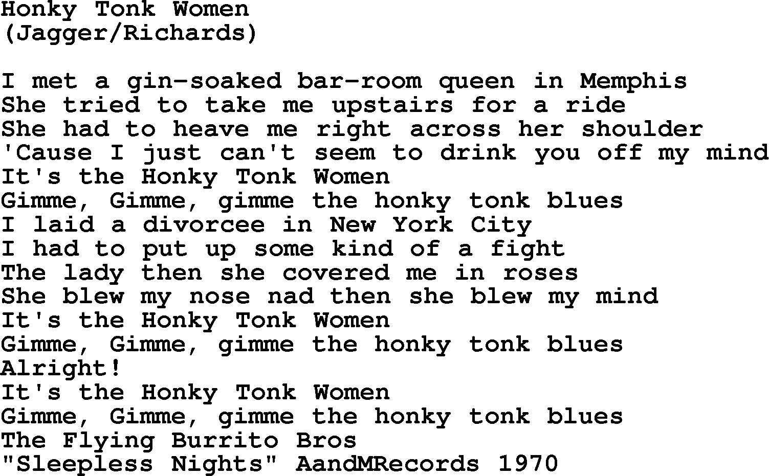 The Byrds song Honky Tonk Women, lyrics