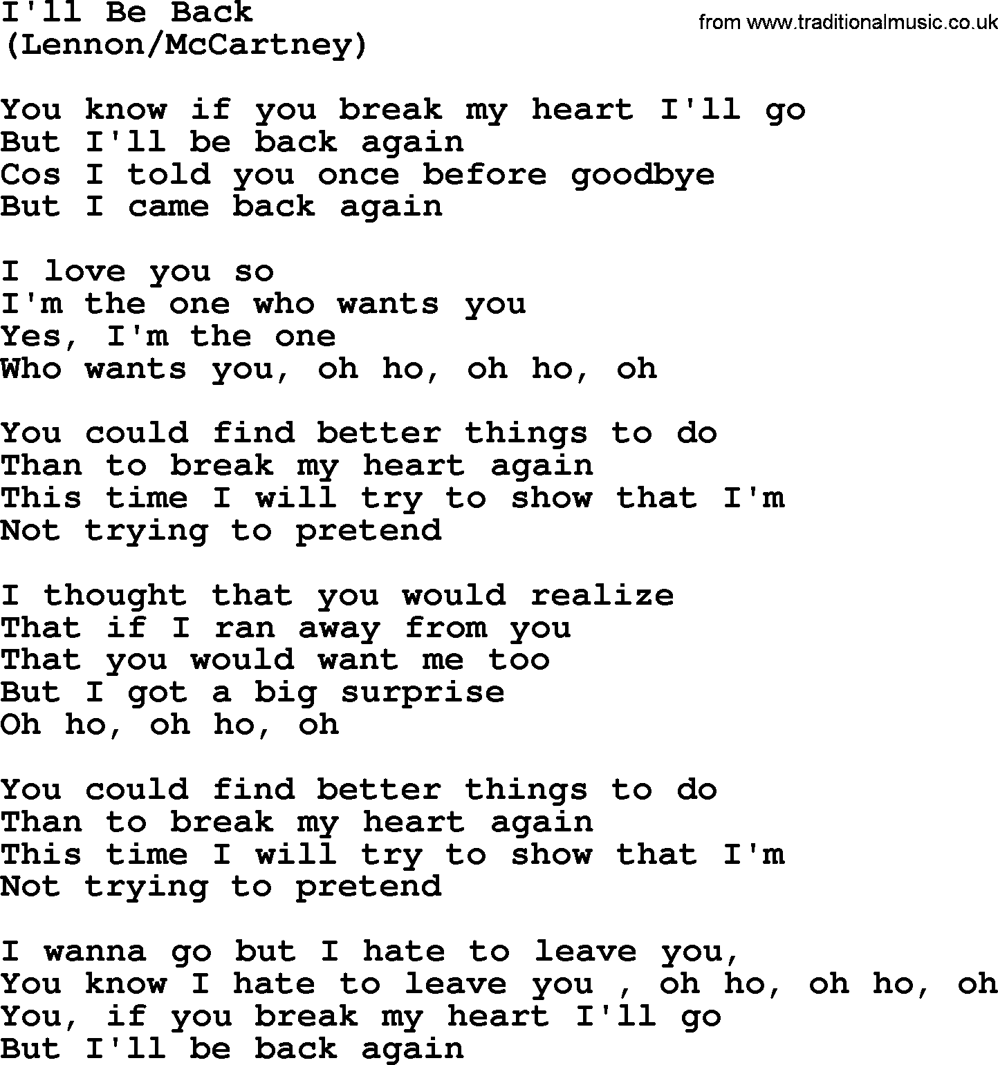 The Byrds song I'll Be Back, lyrics