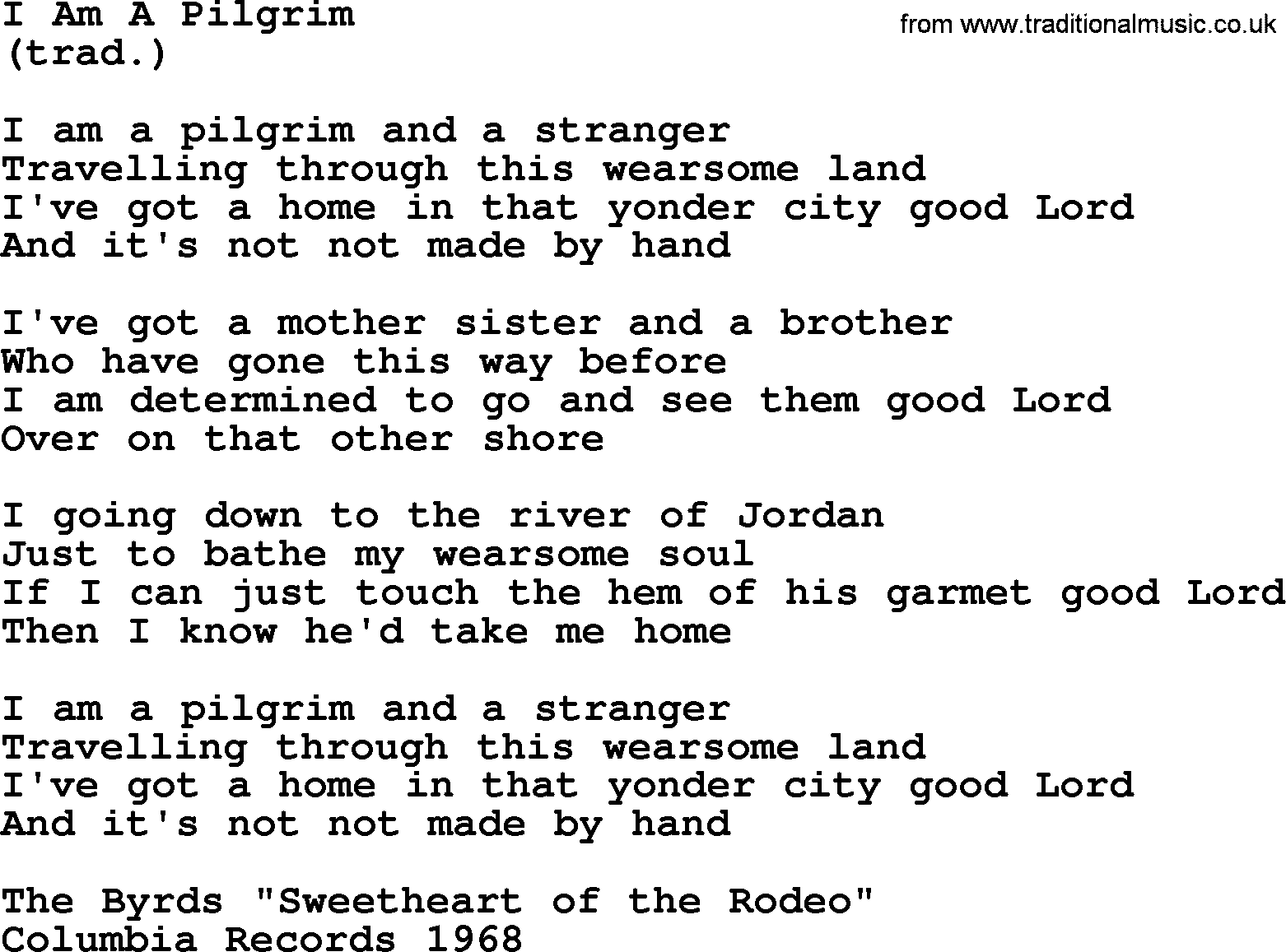 The Byrds song I Am A Pilgrim, lyrics