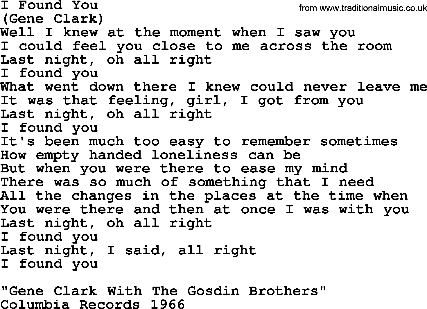 The Byrds song I Found You, lyrics