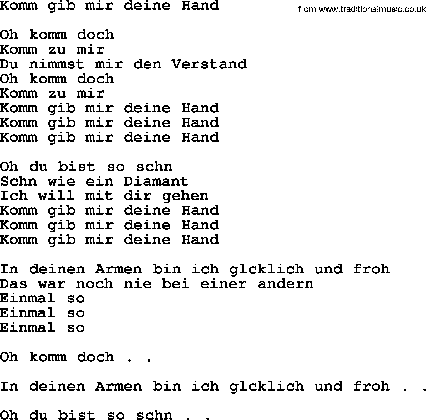 The Byrds song Komm Gib Mir Deine Hand, lyrics