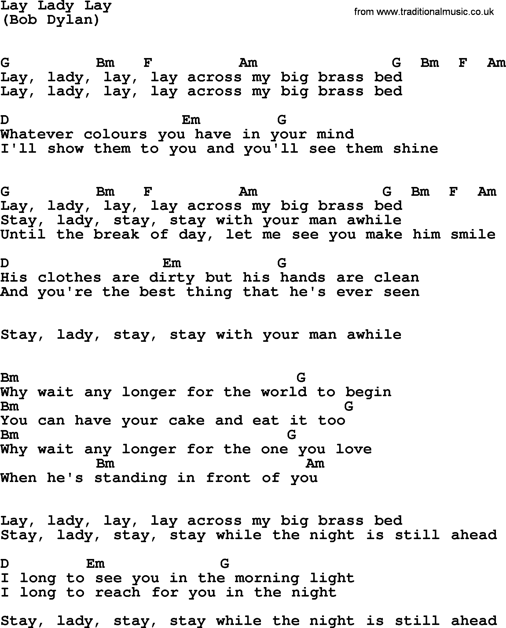 The Byrds song Lay Lady Lay, lyrics and chords
