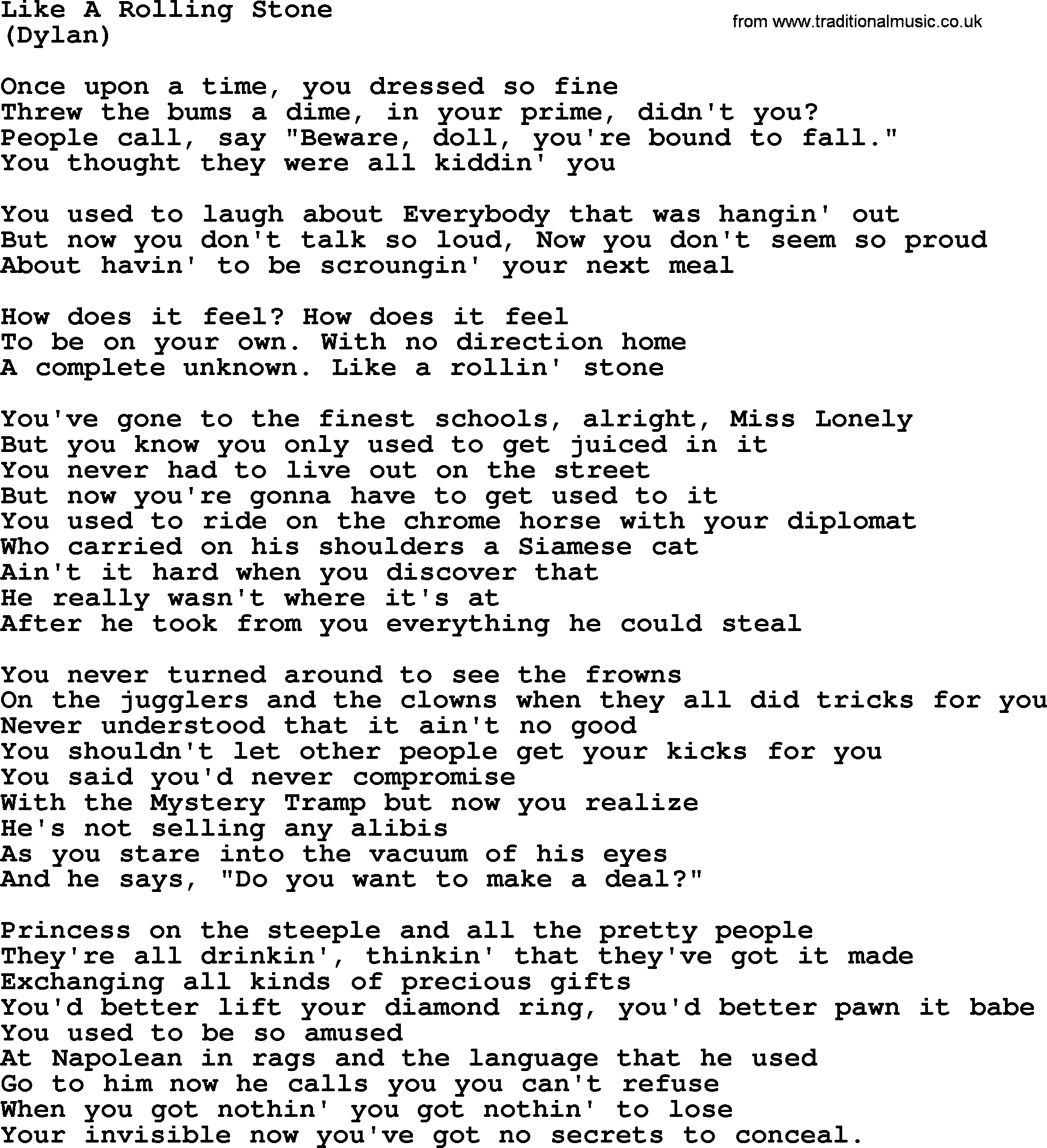 Like A Rolling Stone, by The Byrds - lyrics with pdf