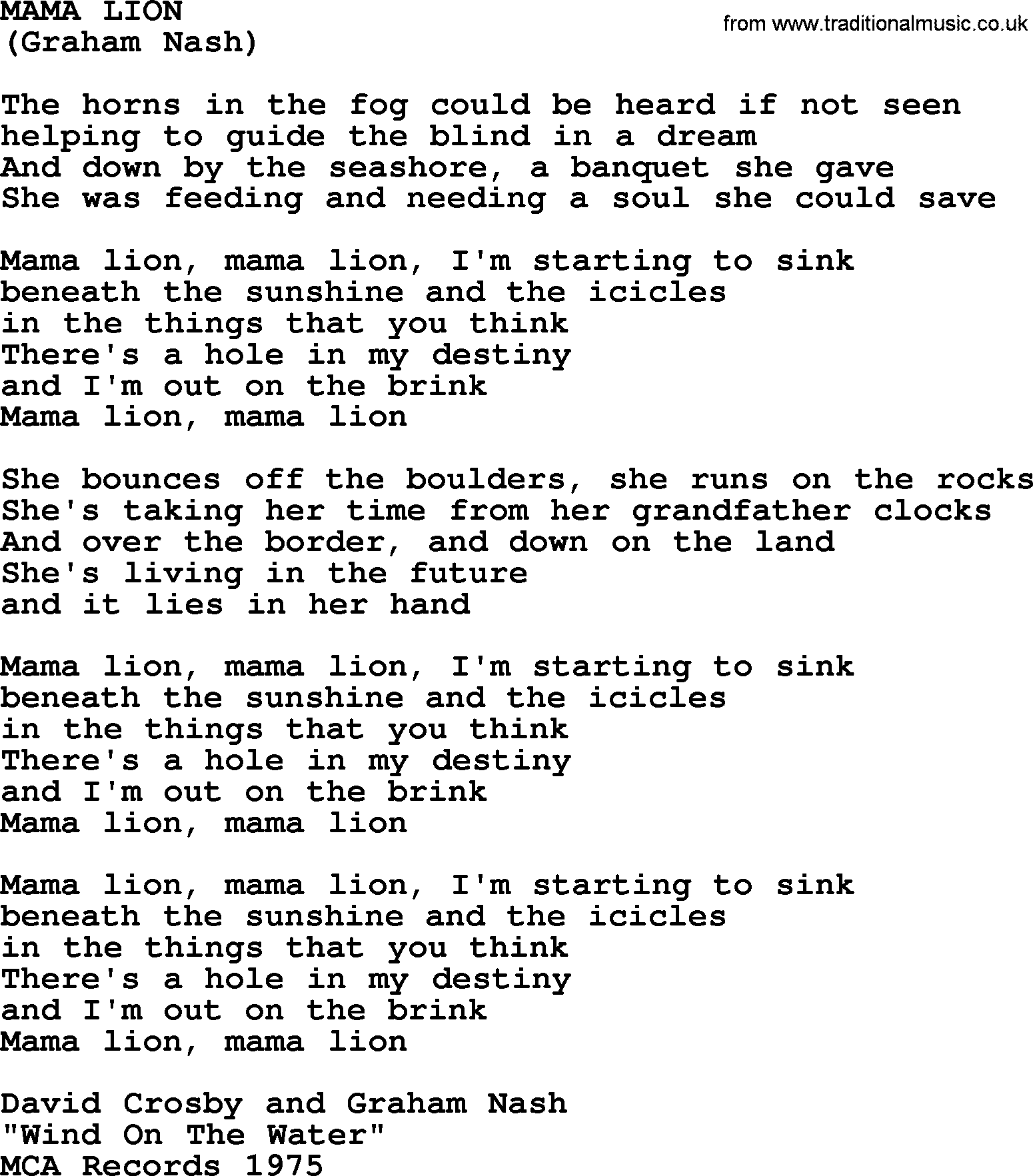 The Byrds song Mama Lion, lyrics