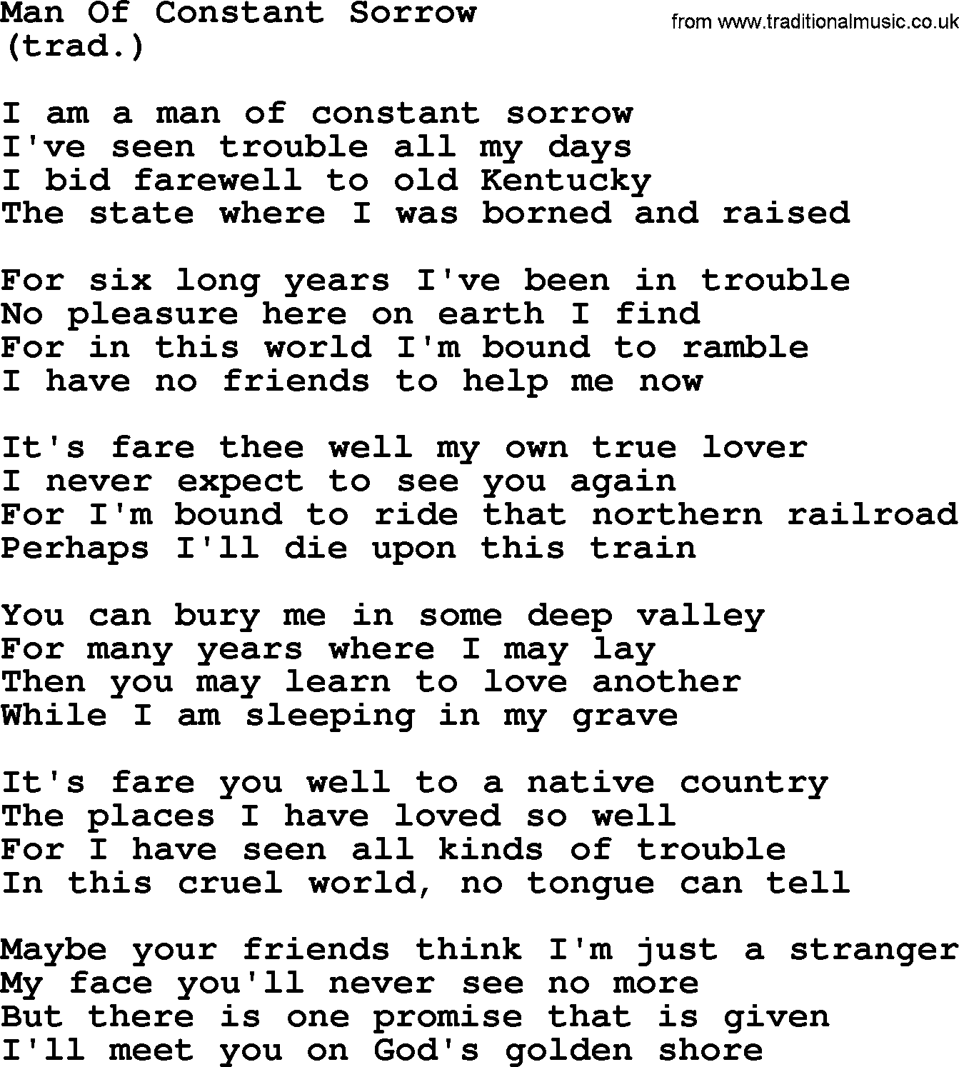 The Byrds song Man Of Constant Sorrow, lyrics