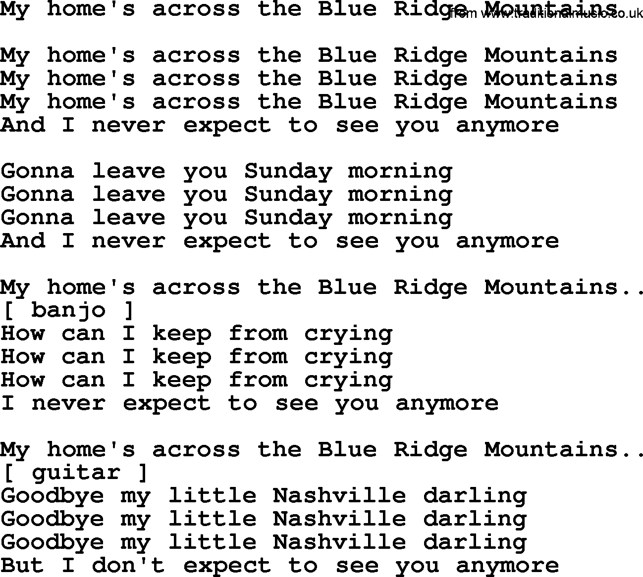 The Byrds song My Home's Across The Blue Ridge Mountains, lyrics