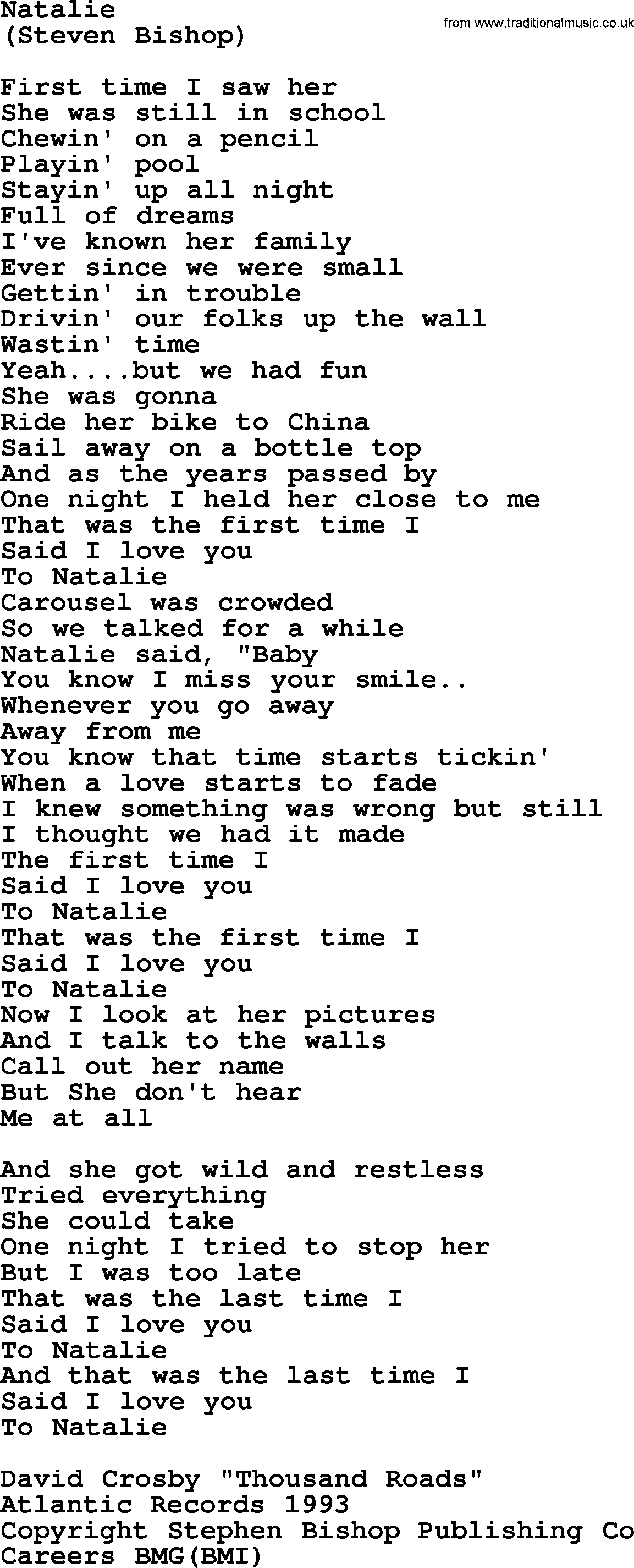 The Byrds song Natalie, lyrics
