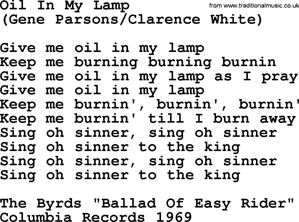 The Byrds song Oil In My Lamp, lyrics