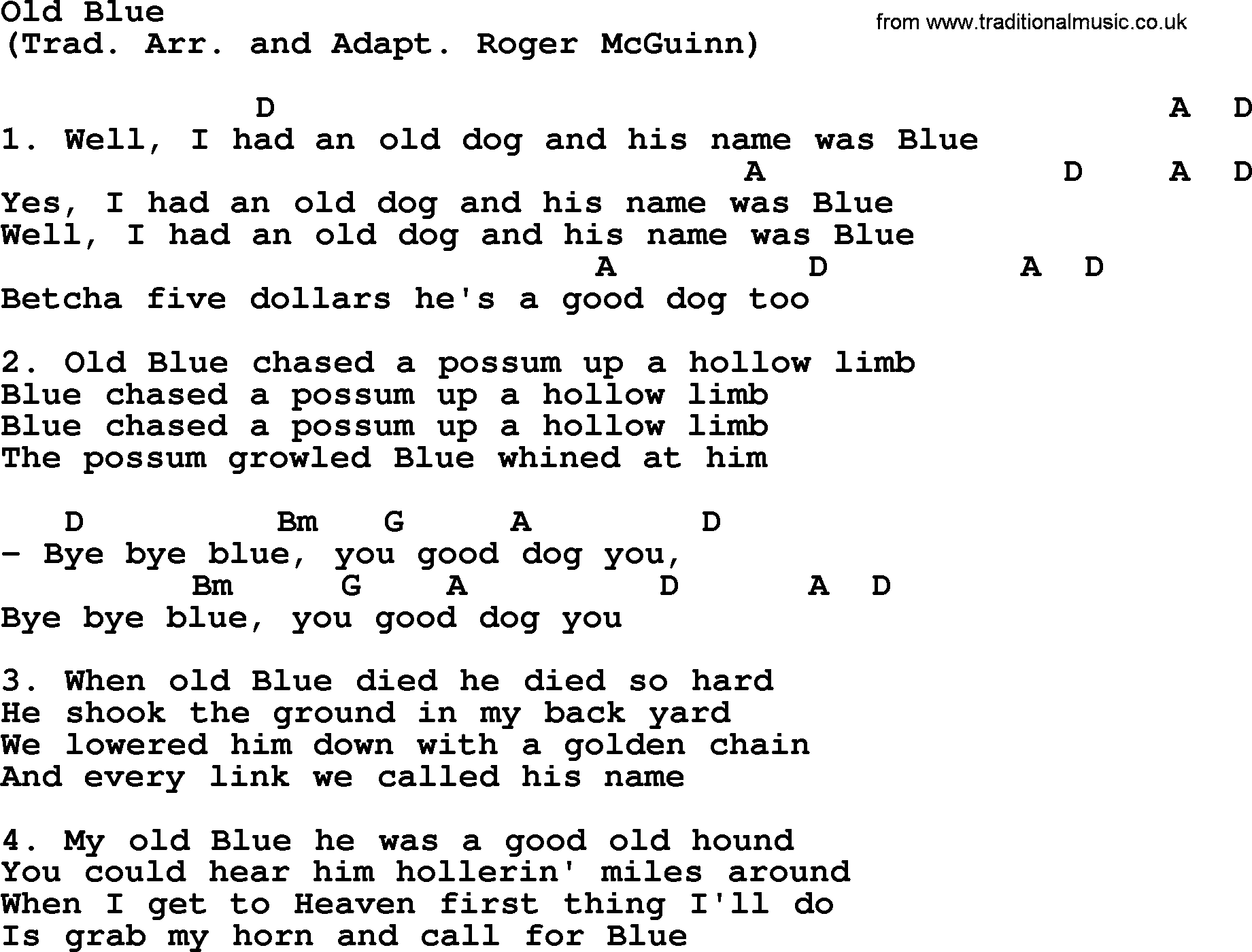 The Byrds song Old Blue, lyrics and chords