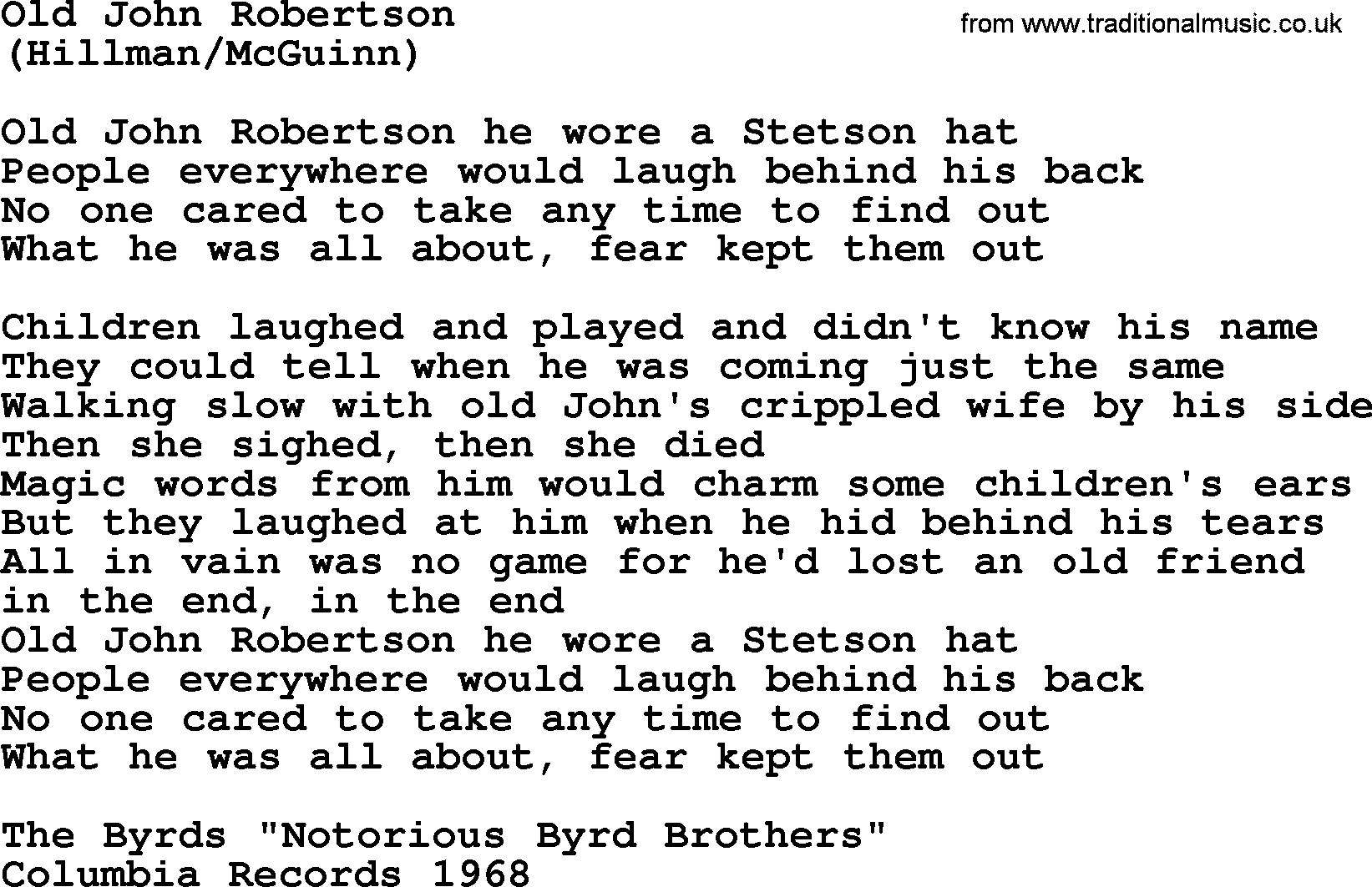 The Byrds song Old John Robertson, lyrics