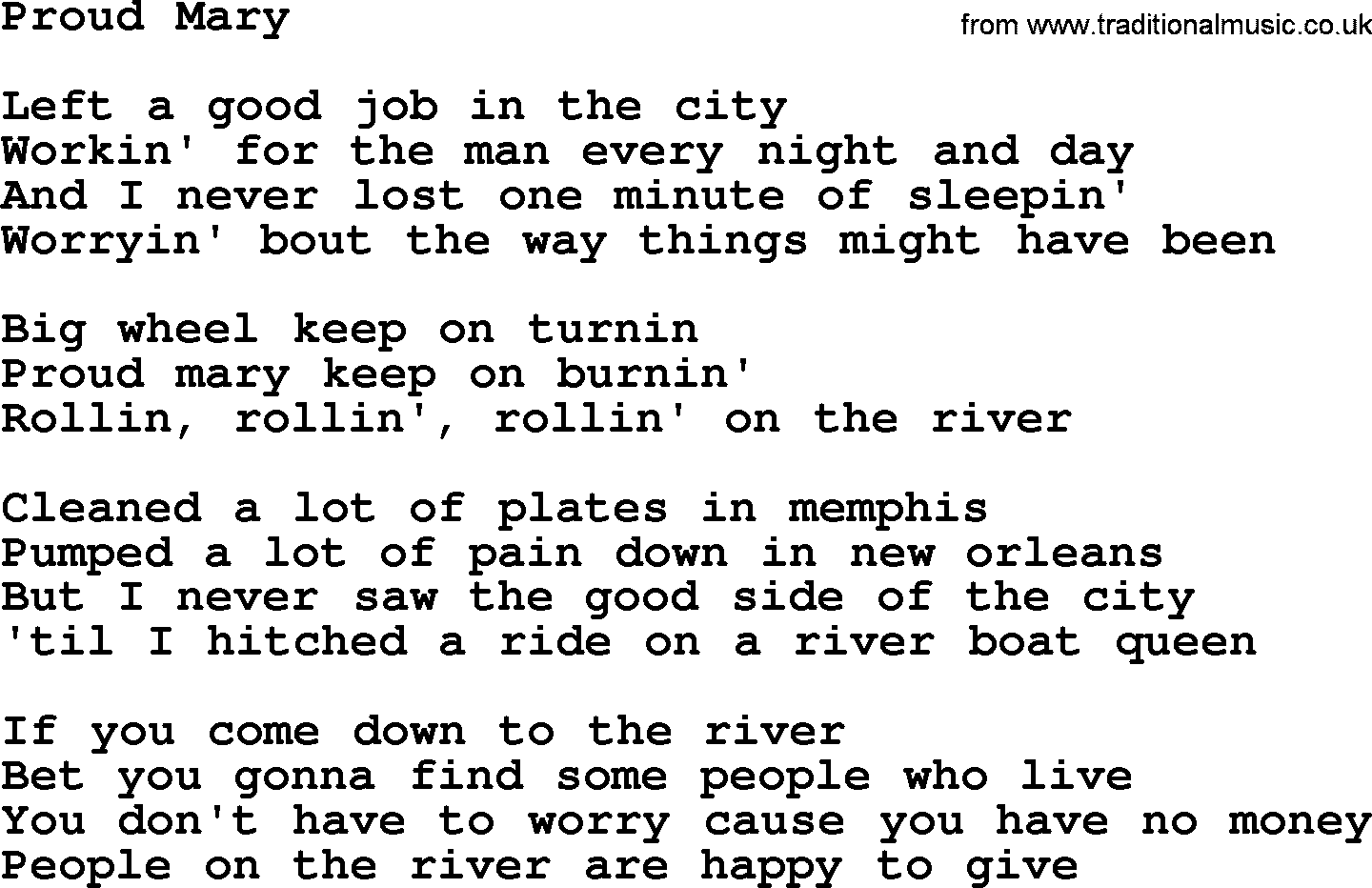 The Byrds song Proud Mary, lyrics