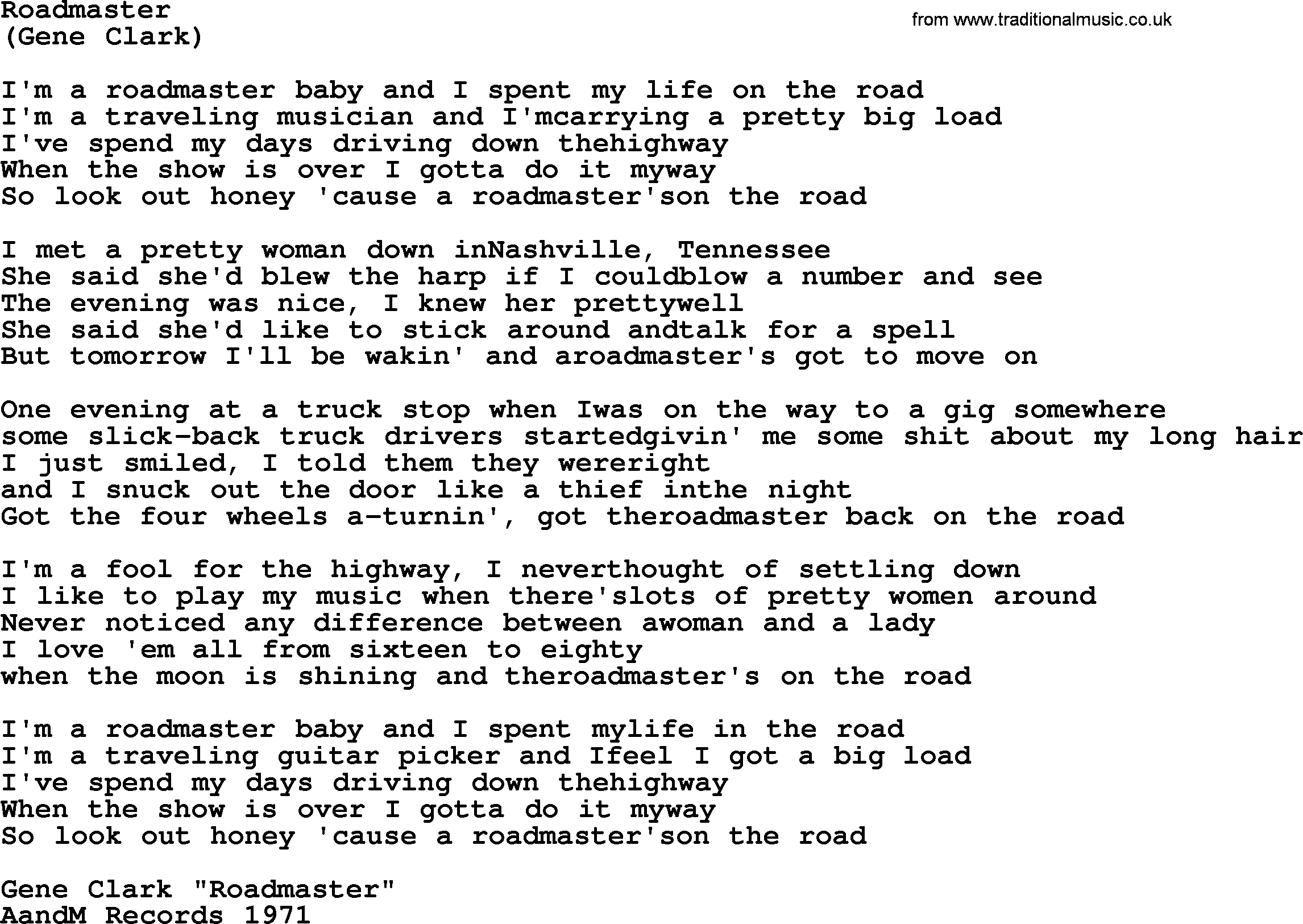 The Byrds song Roadmaster, lyrics