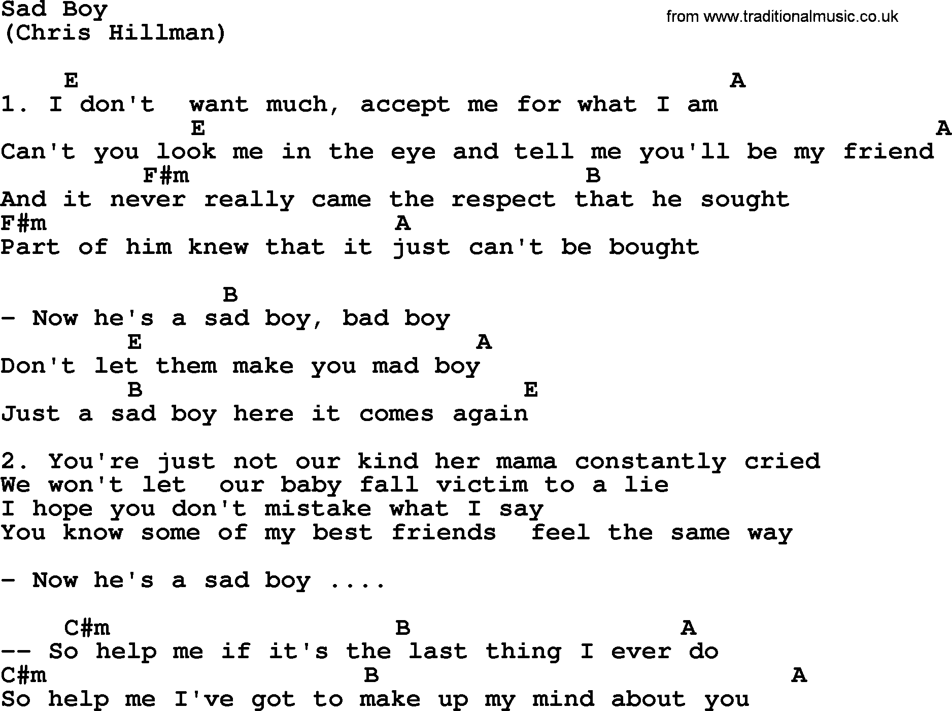 The Byrds song Sad Boy, lyrics and chords