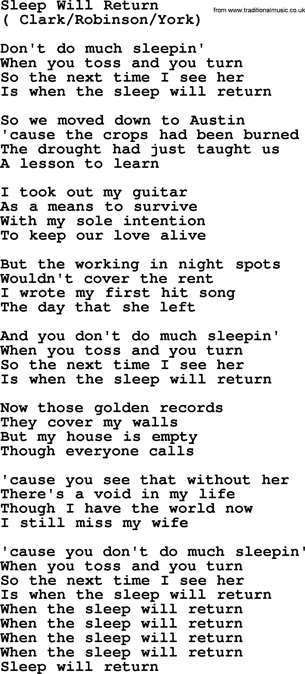 The Byrds song Sleep Will Return, lyrics
