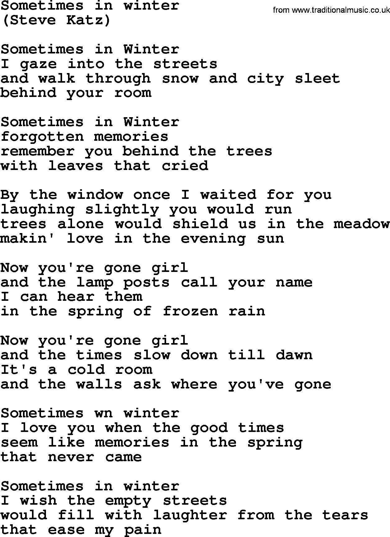 The Byrds song Sometimes In Winter, lyrics