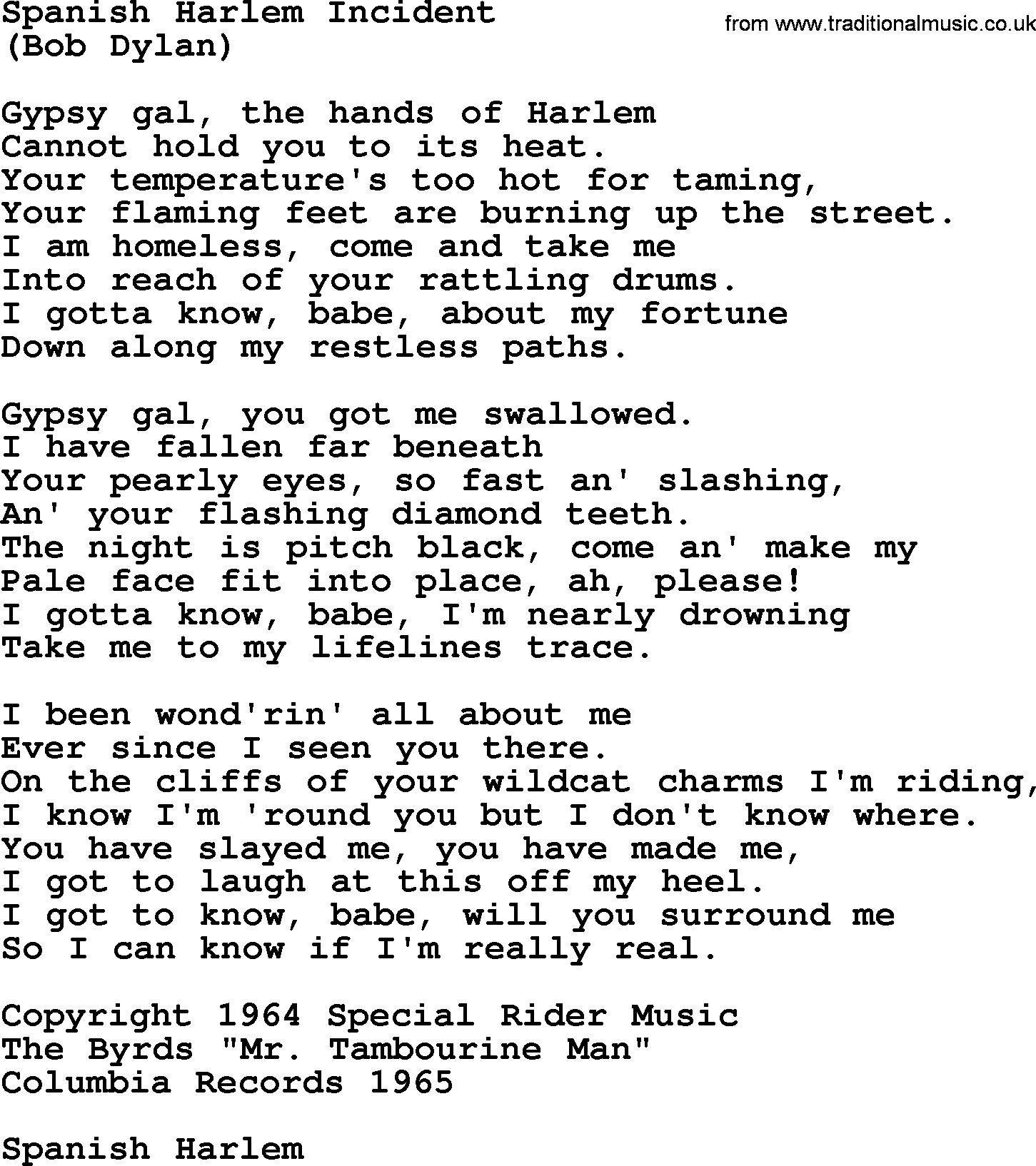 The Byrds song Spanish Harlem Incident, lyrics