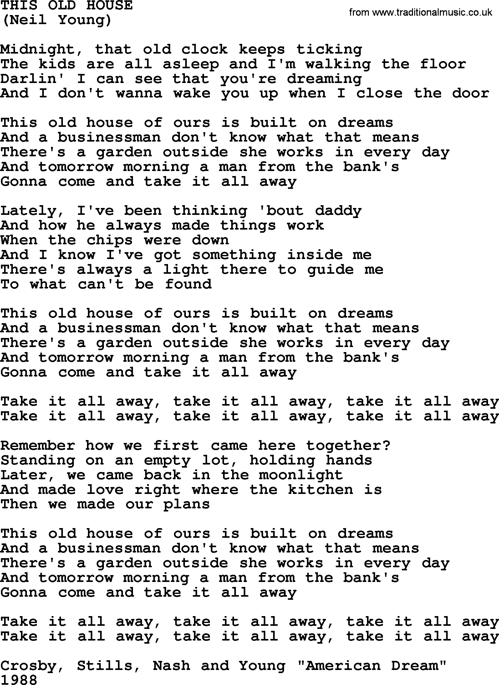The Byrds song This Old House, lyrics