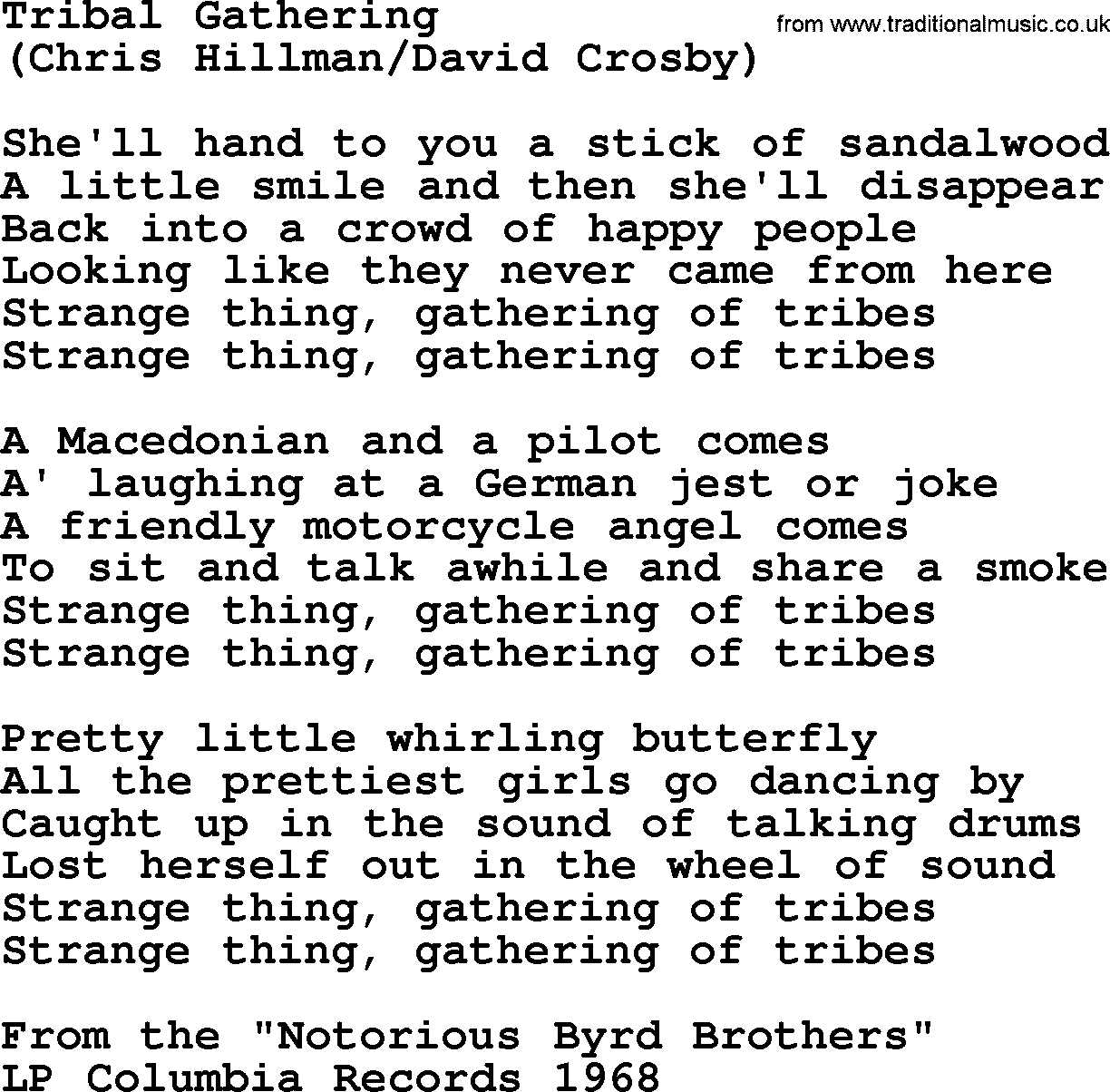 The Byrds song Tribal Gathering, lyrics