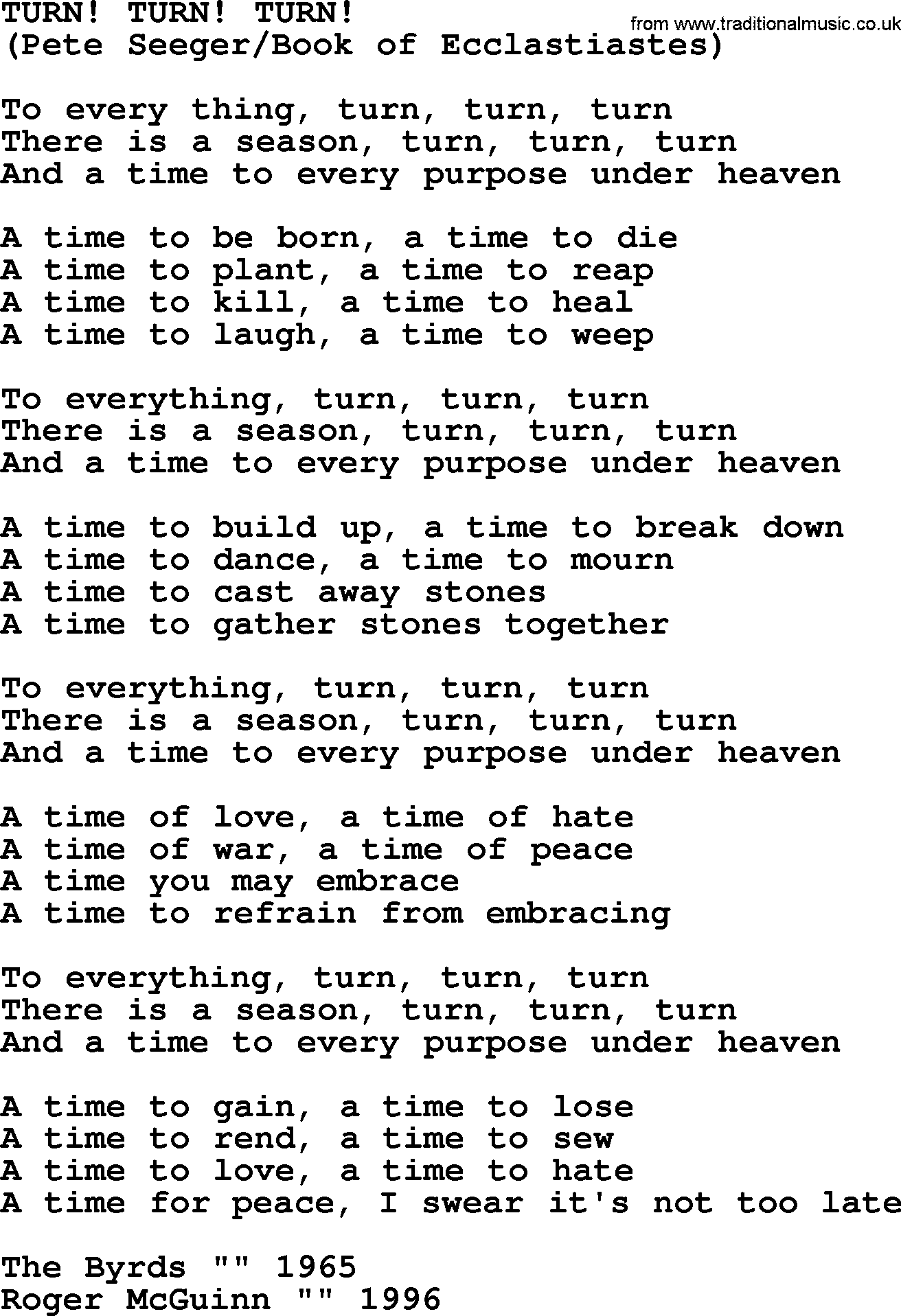 The Byrds song Turn! Turn! Turn!, lyrics