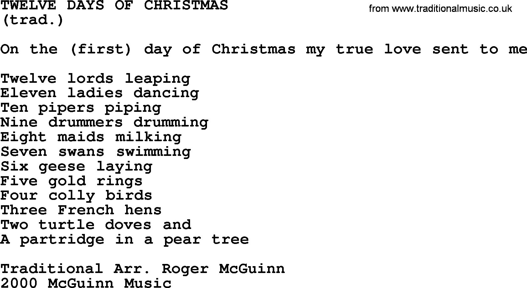 The Byrds song Twelve Days Of Christmas, lyrics