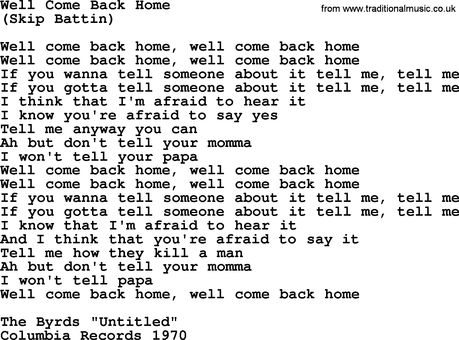 The Byrds song Well Come Back Home, lyrics